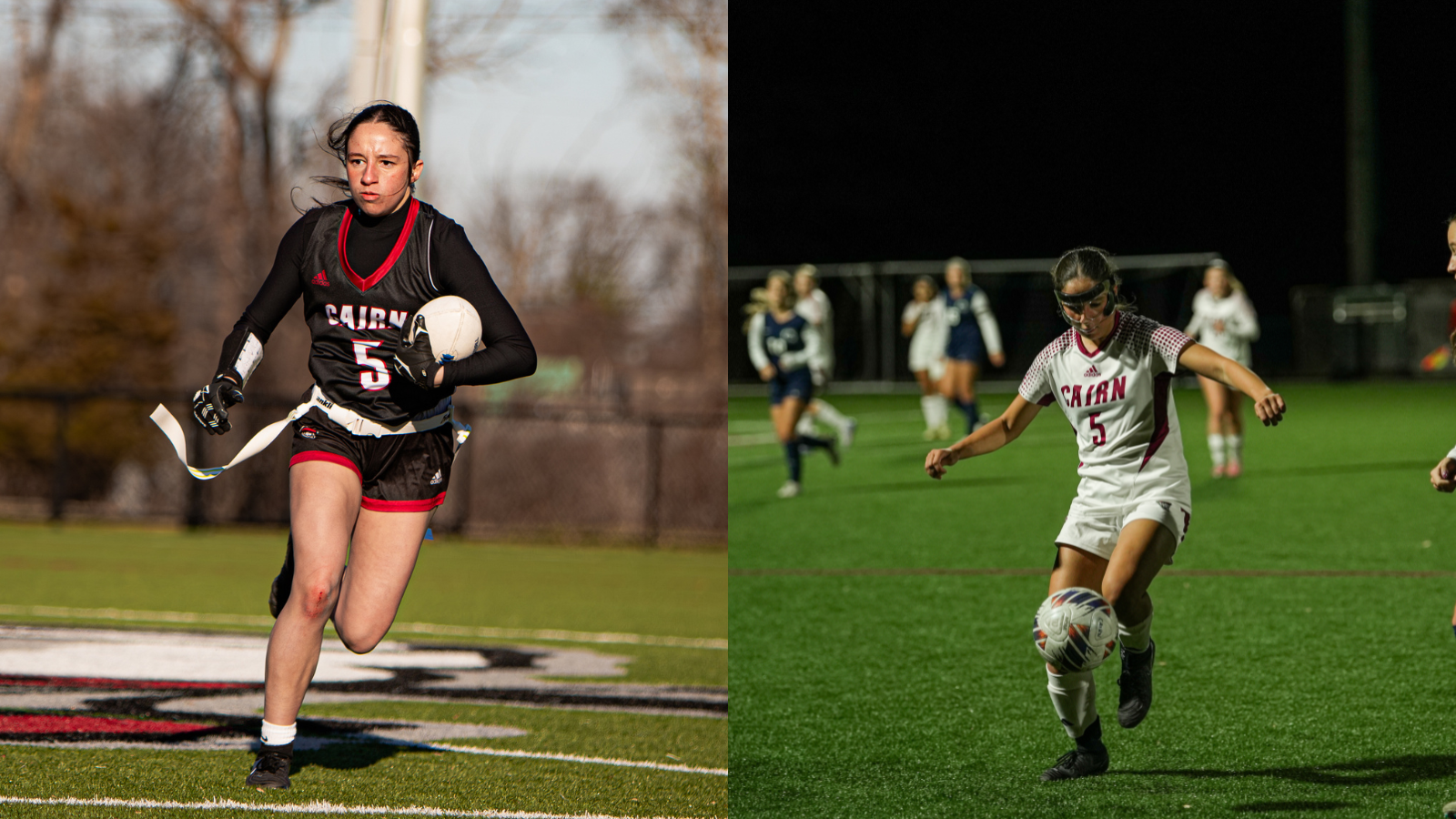 Two Pictures, one showing Condurso Carrying a football, and the other showing her controlling a soccrer ball