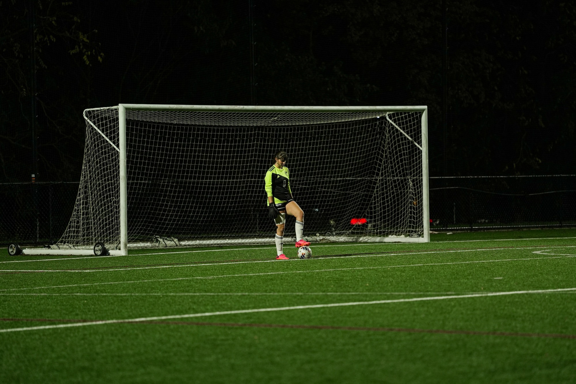 Goalkeeper stands with the soccer ball at her feet. 