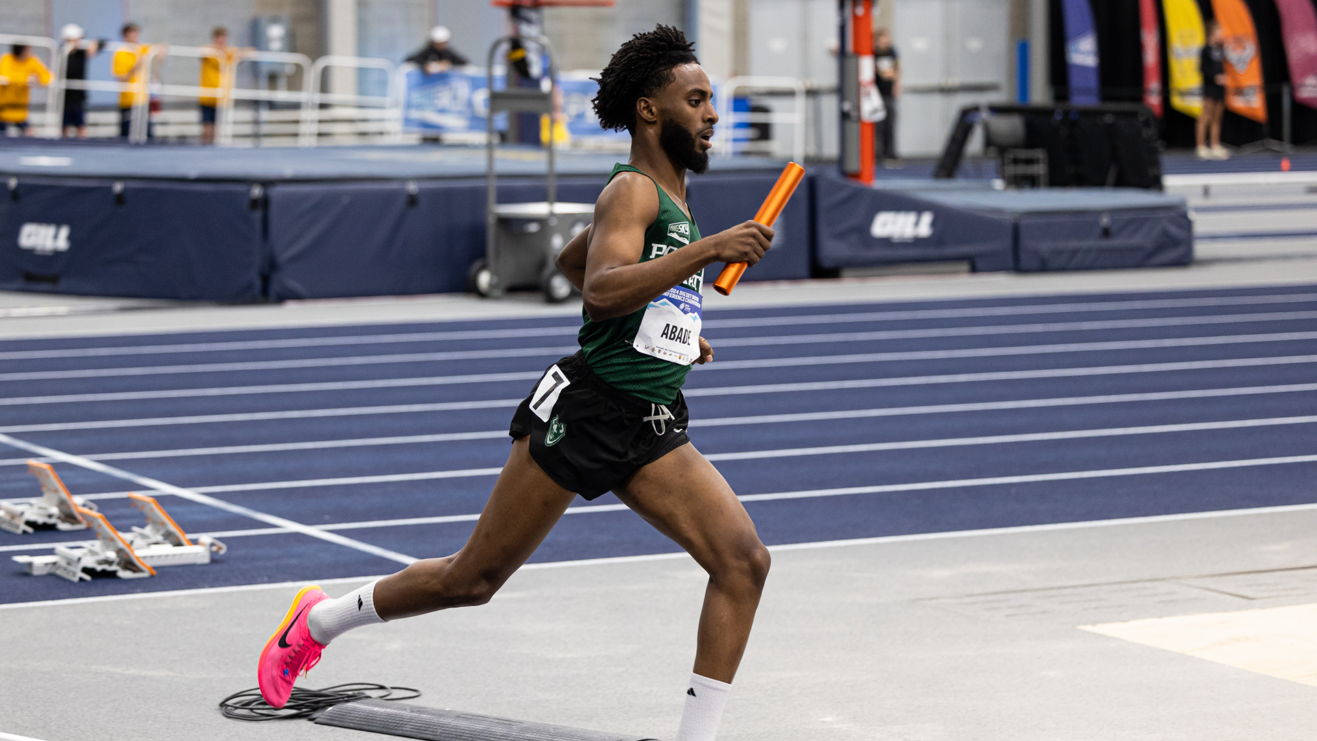 Portland State track & field runner Abdinajib Abade runs a leg of the Vikings men's distance medley relay at the Big Sky Indoor Championships.