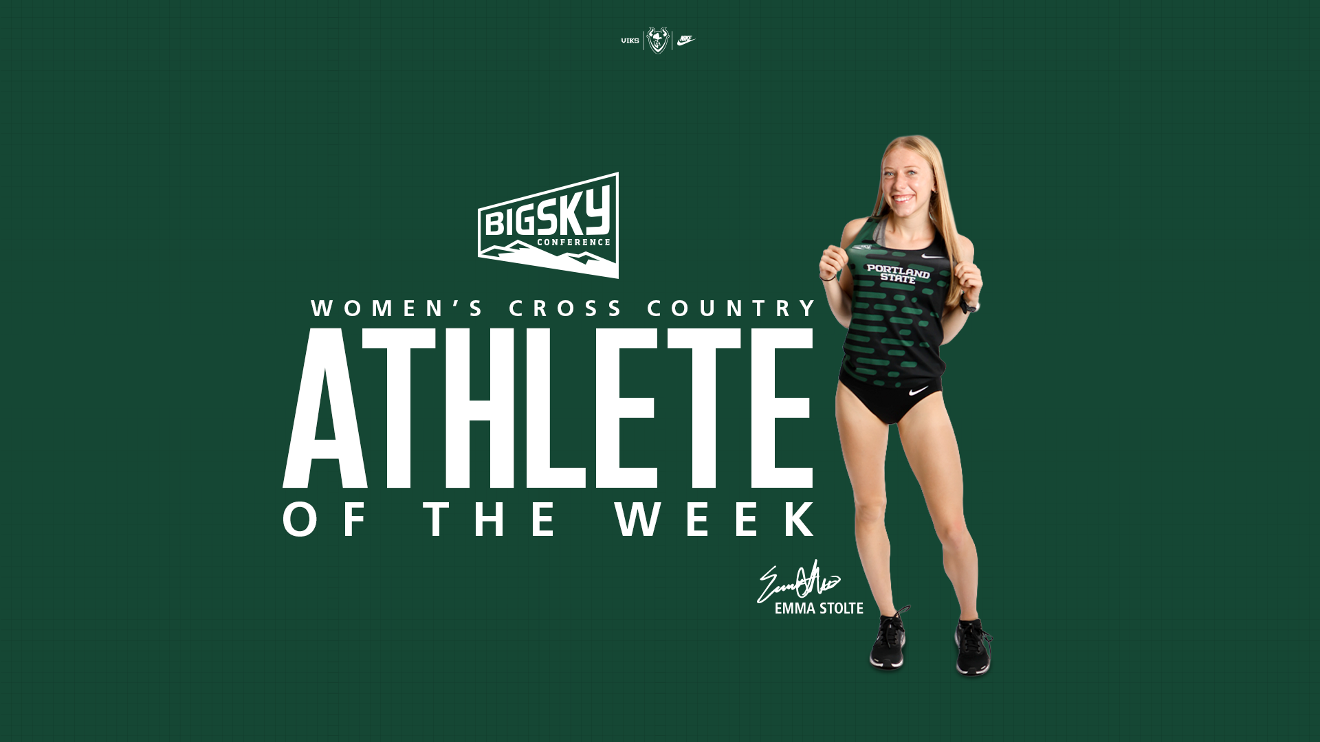 Graphic saying that Portland State cross country runner Emma Stolte has been named Big Sky Athlete of the Week.