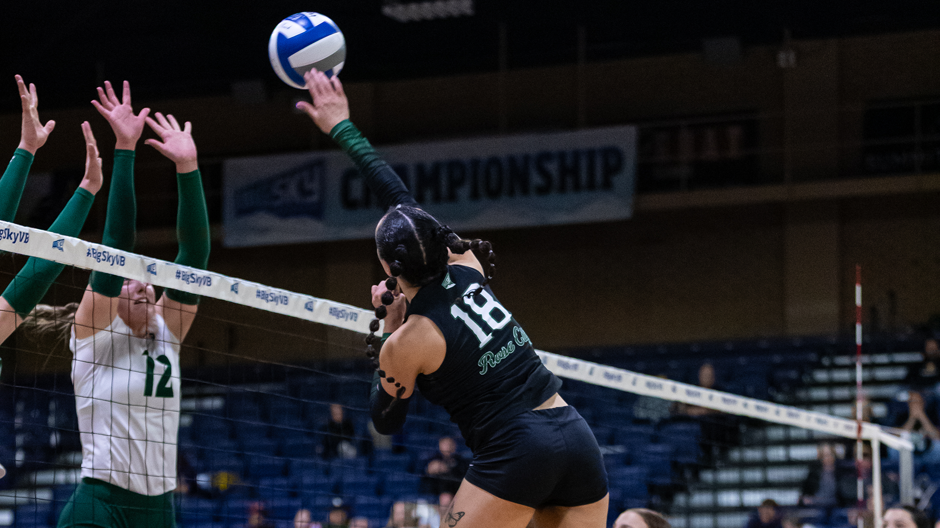 Portland State volleyball player Alivia Eikenberg hits a ball over the net during the Vikings' Big Sky quarterfinal match against Sacramento State.