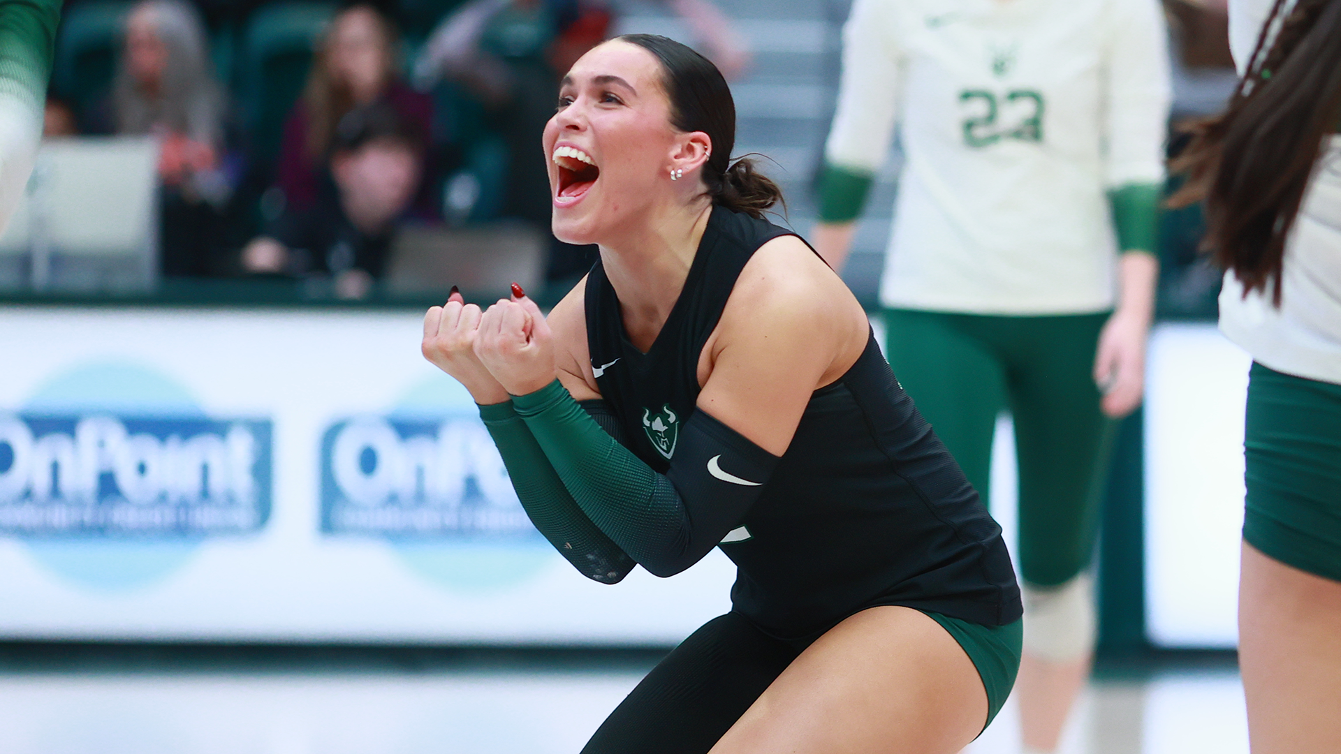 Portland State volleyball player Paige Stepaniuk celebrates a point during the Vikings' win over Northern Colorado.
