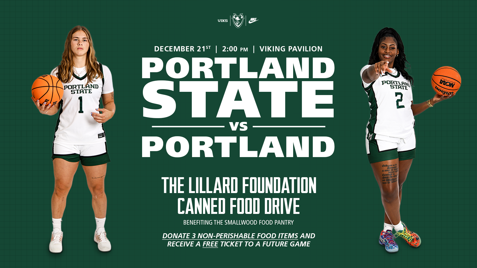 Graphic saying that the Portland State women's basketball game between the Vikings and rival University of Portland on Dec. 21 will double as a Canned Food Drive.