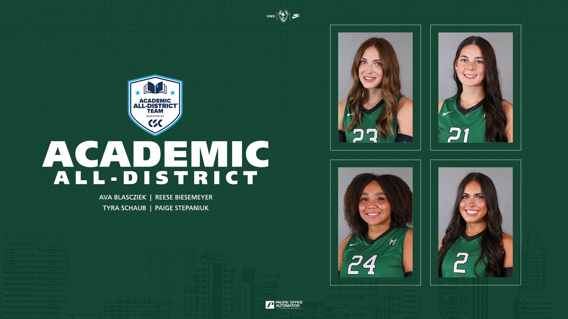Graphic showing that Reese Biesemeyer, Ava Blascziek, Tyra Schaub and Paige Stepaniuk have all earned CSC Academic All-District Honors