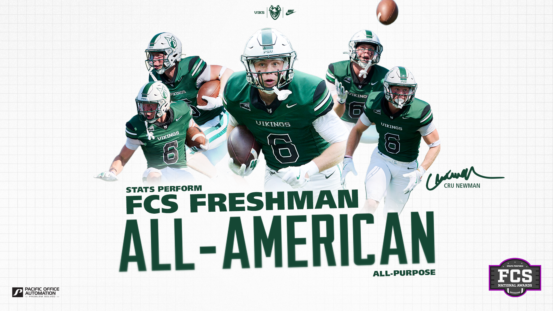 Graphic saying that Cru Newman has been named to the Stats Perform FCS Freshman All-America Team