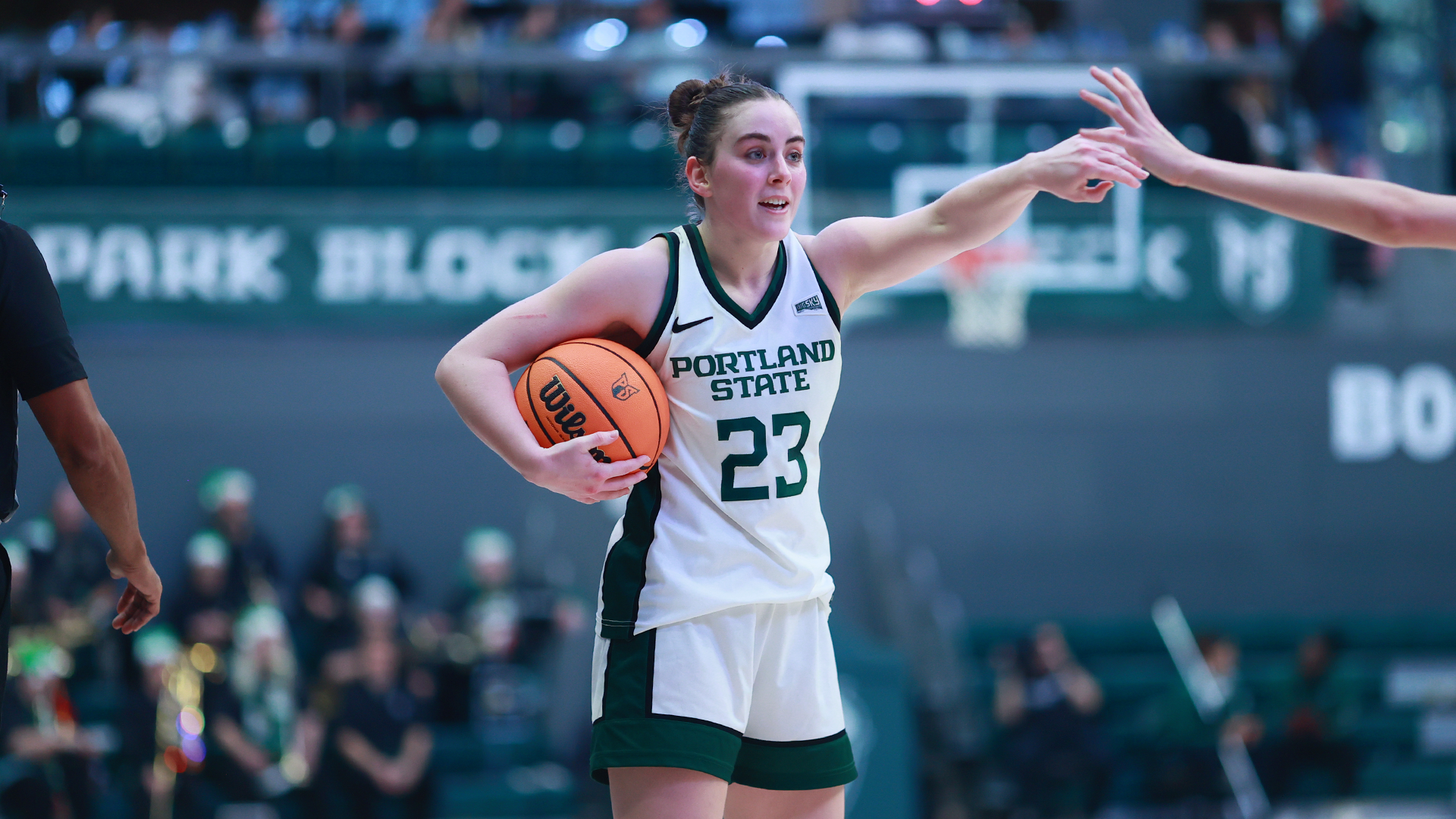 Portland State women's basketball player Taylor Moffat directs traffic during the Vikings' home game against the University of Portland.