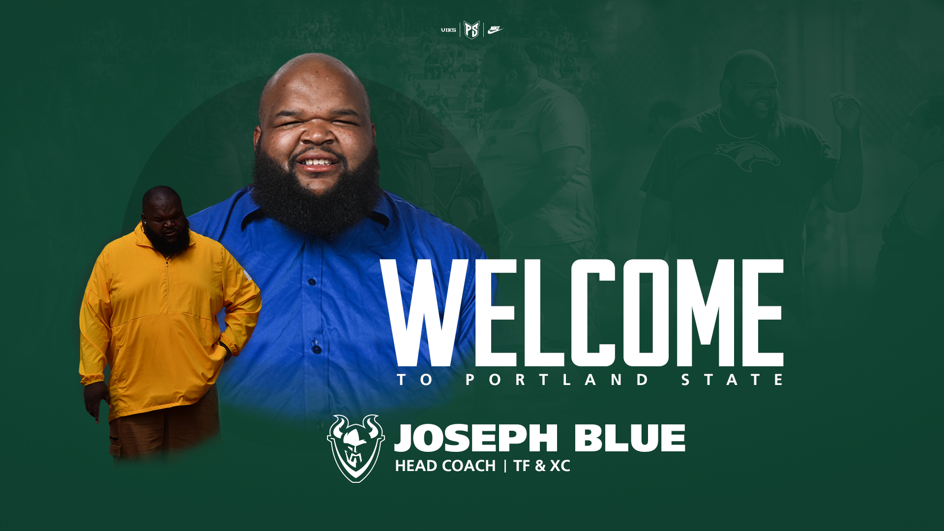 Graphic announcing Joseph Blue as the new head coach of Portland State track & field and cross country.