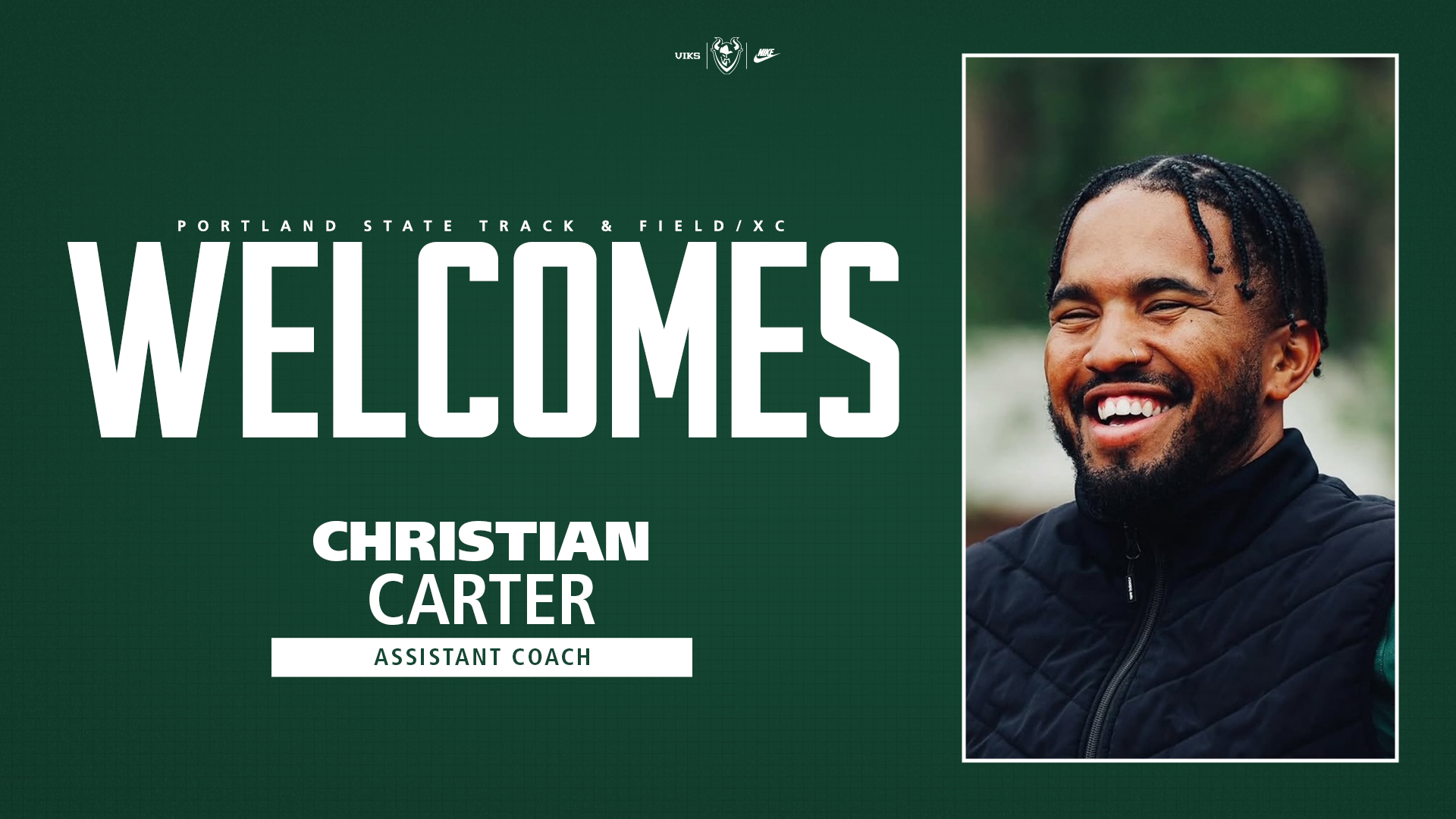 Graphic saying that Christian Carter has been named a new assistant coach for the Portland State track & field program.