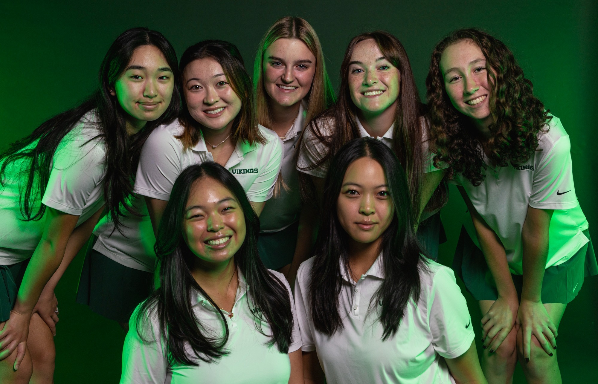 2025-26 Portland State Women's Golf: Front Row: Cynthia Valerie Ong, Caithlyn Ong. Back Row: Momo Udom, Payten Shimizu, Maddie Dustin, Bayler Brundage, Francesca Tomp.
