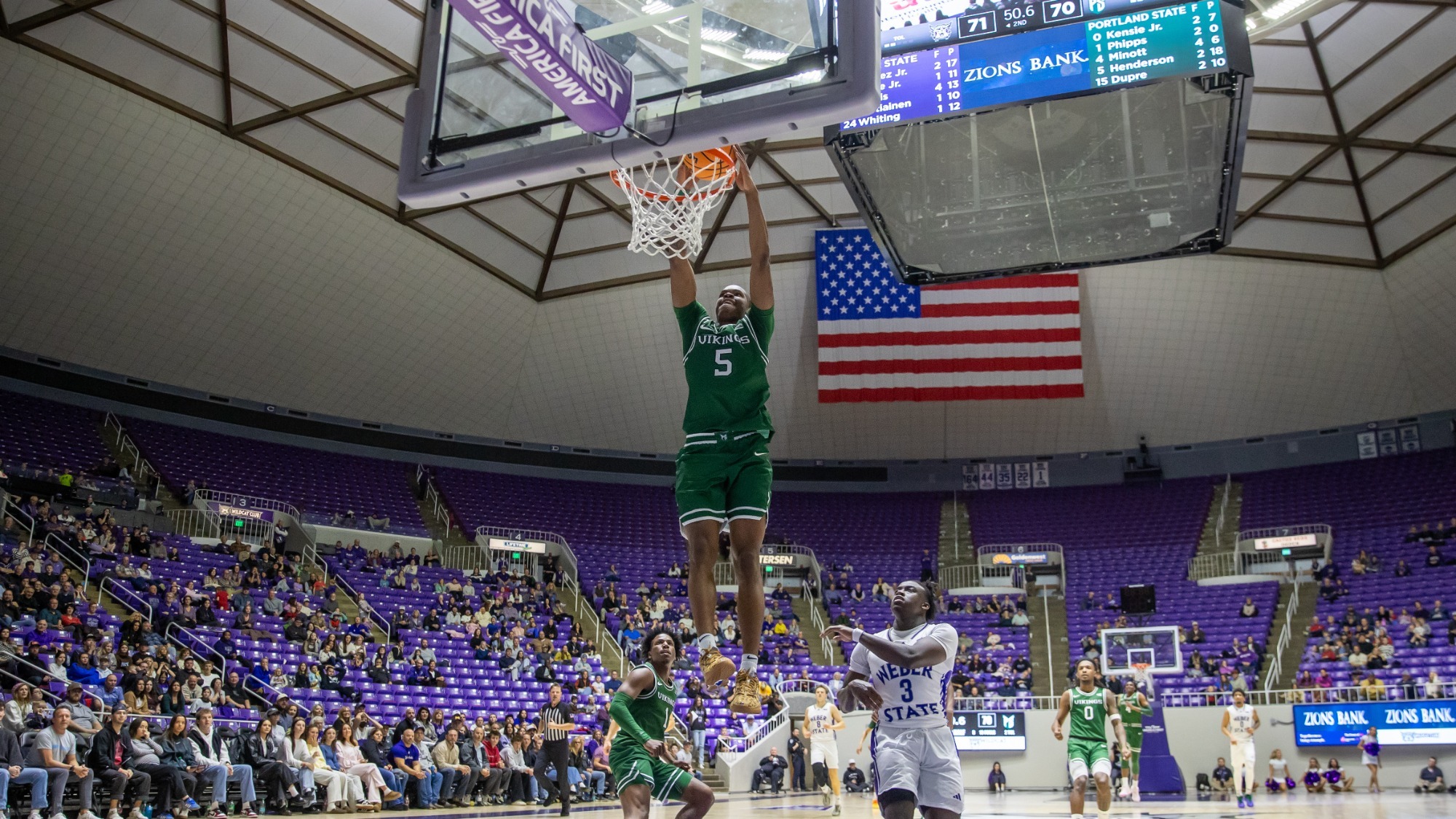Jaylin Henderson dunks against Weber State in the final minute of regulation off a steal by Kelcy Phipps.