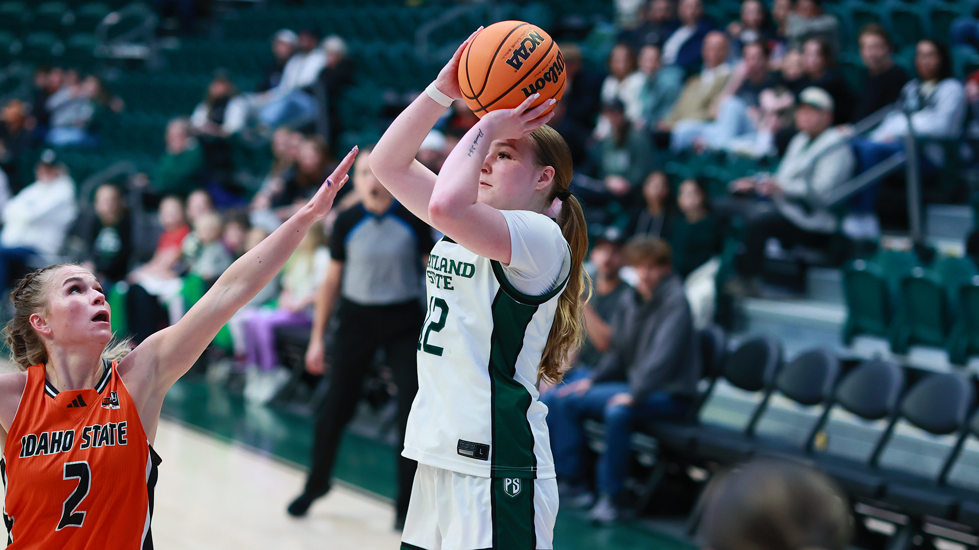 Portland State women's basketball player Kyleigh Brown goes up for a jumper in the Vikings' home game against Idaho State. 