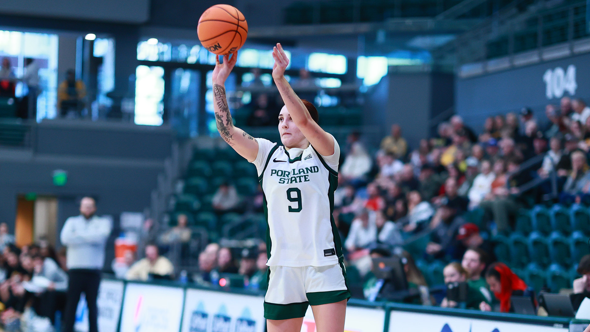 Portland State women's basketball player Hannah Chicken shoots a three-pointer during the Vikings' home game against Idaho