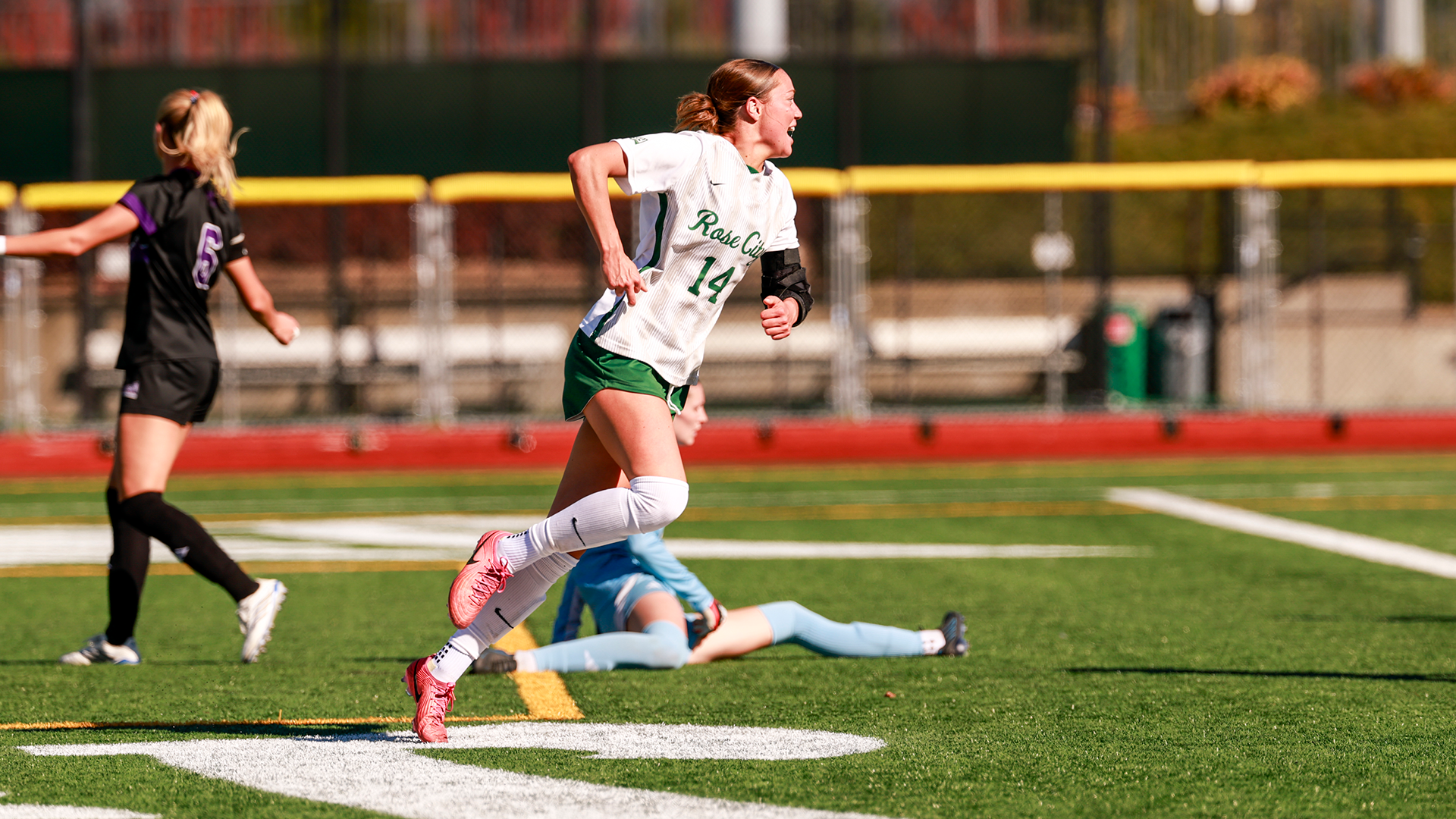 Portland State women's soccer player Elle Frazier celebrates her opening goal in the Vikings' win over Weber State.