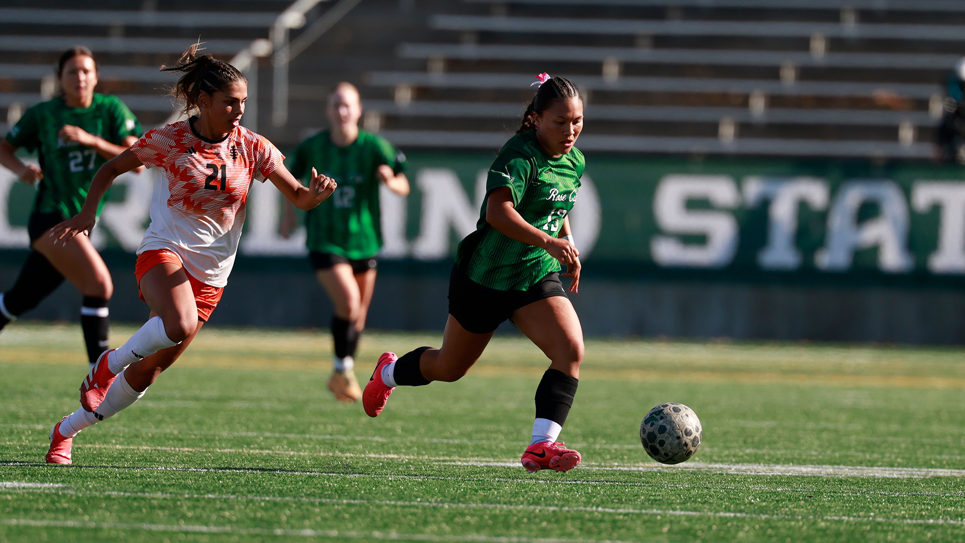 Portland State women's soccer player Kainani Jacang dribbles the ball against an Idaho State defender.