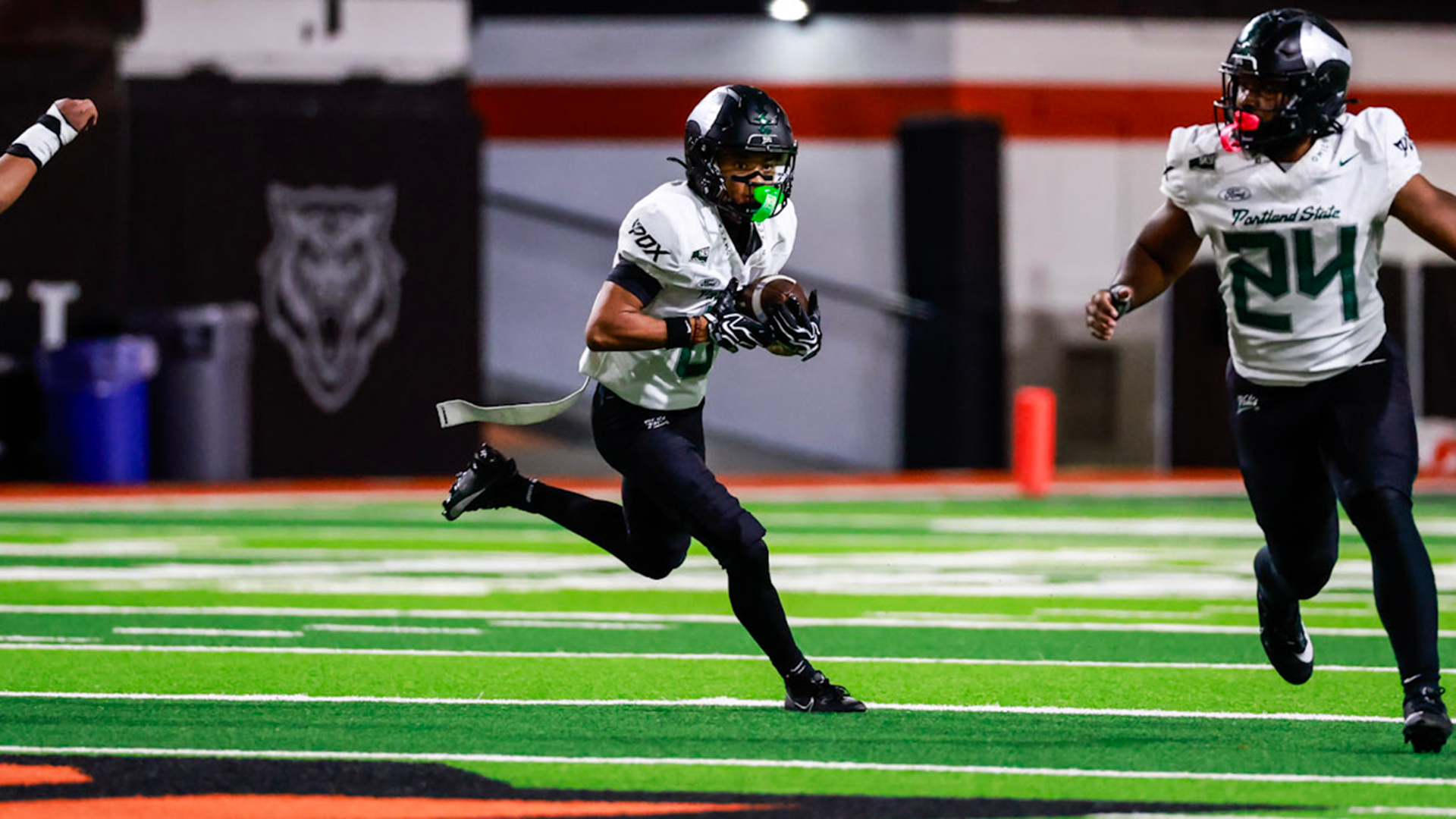 Portland State football player Zui Shelton looks for a hole during the Vikings' game against Idaho State.