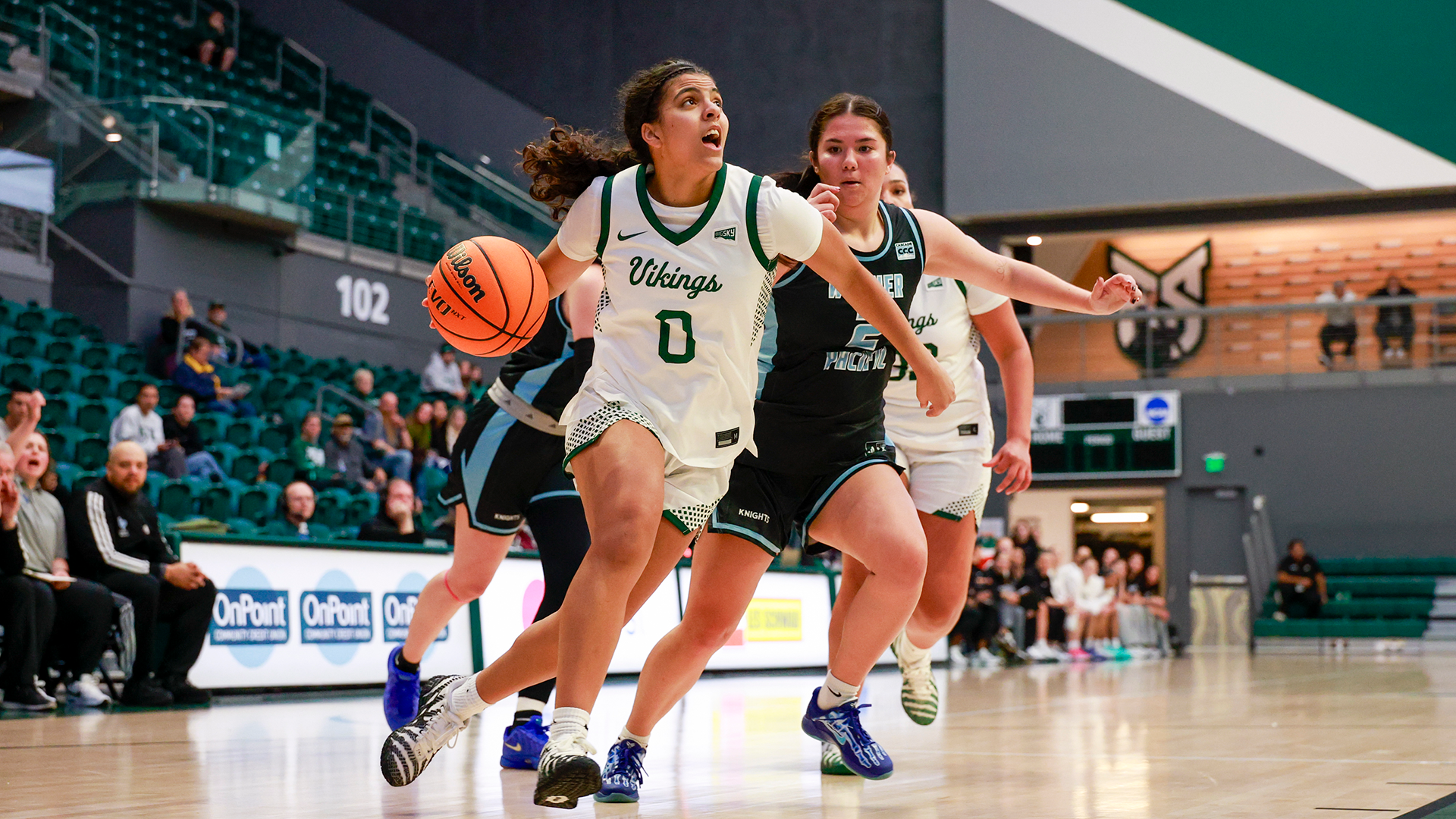 Portland State women's basketball player Teagan Colvin drives to the basket during the Vikings' exhibition against Warner Pacific.