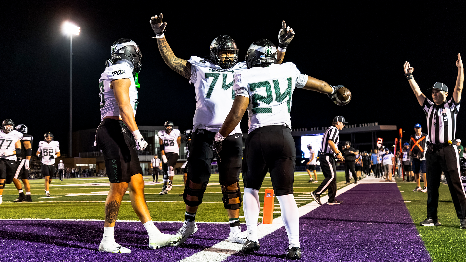Portland State football player Delon Thompson celebrates one of his three touchdowns against Weber State.