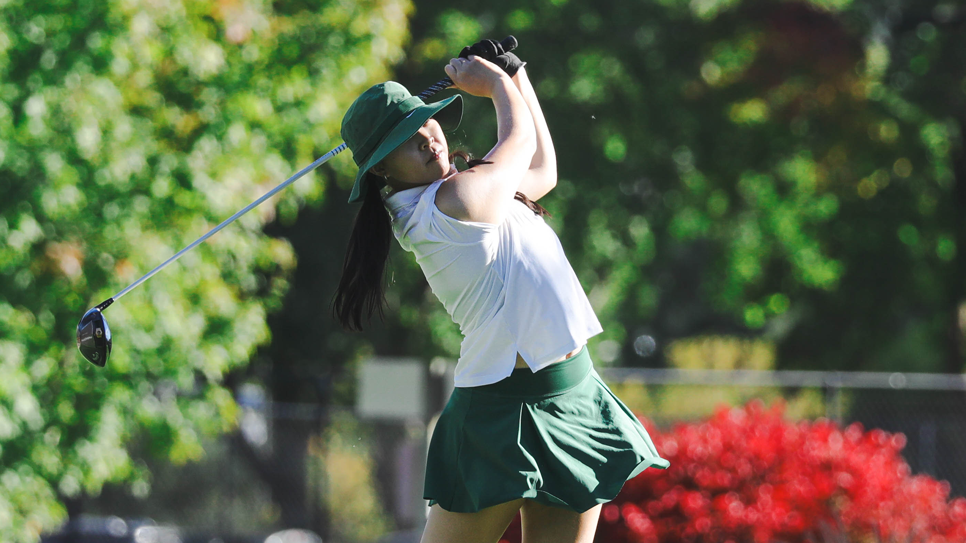 Portland State women's golfer Caithlyn Ong drives off a tee at the Sun Mountain Intercollegiate.