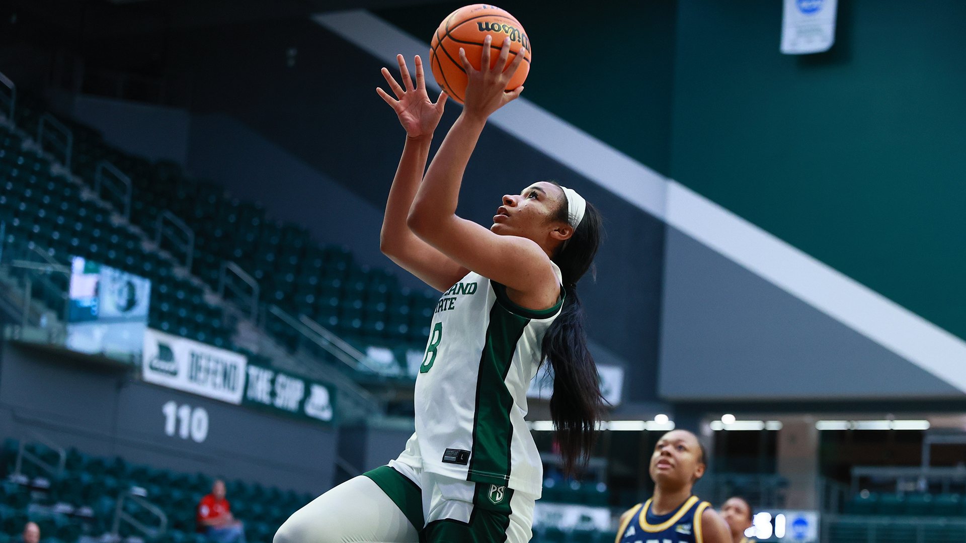 Portland State women's basketball player Cici Ellington goes up for a layup during the Vikings' home game against Northern Arizona.