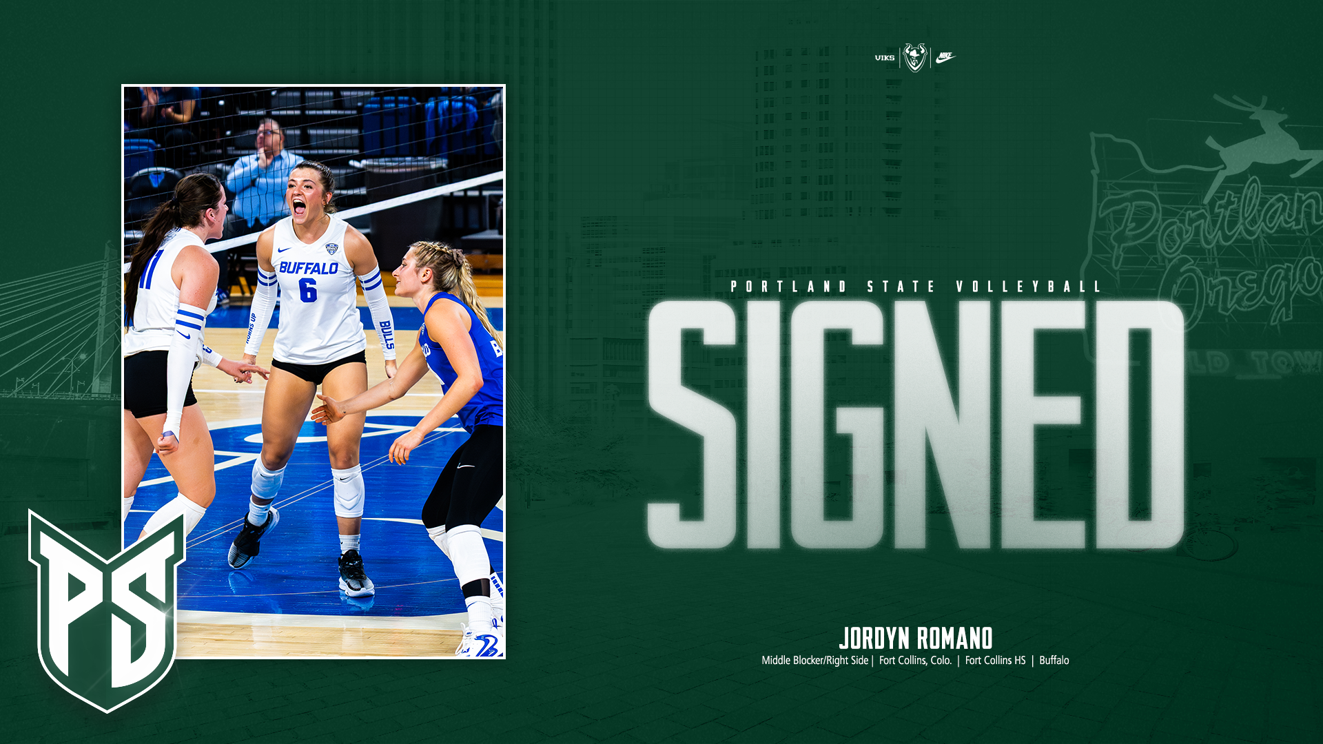 Graphic announcing Jordyn Romano as joining the Portland State Volleyball team