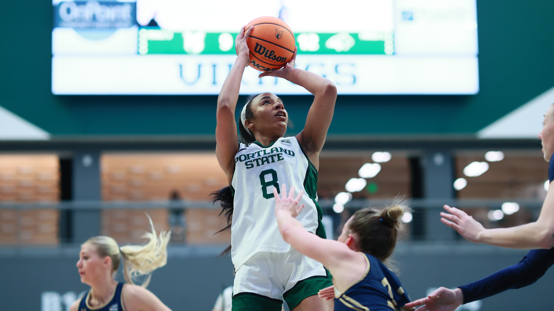 Portland State women's basketball player Cici Ellington goes up for a jumper in the Vikings' home game against Montana State.