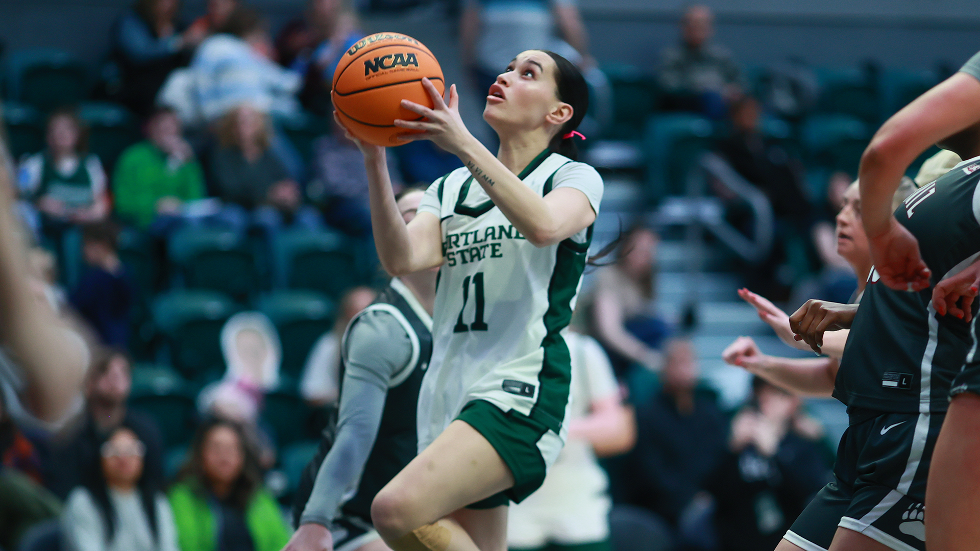 Portland State women's basketball player Laynee Torres-Kahapea goes for a layup during the Vikings' game against Montana.