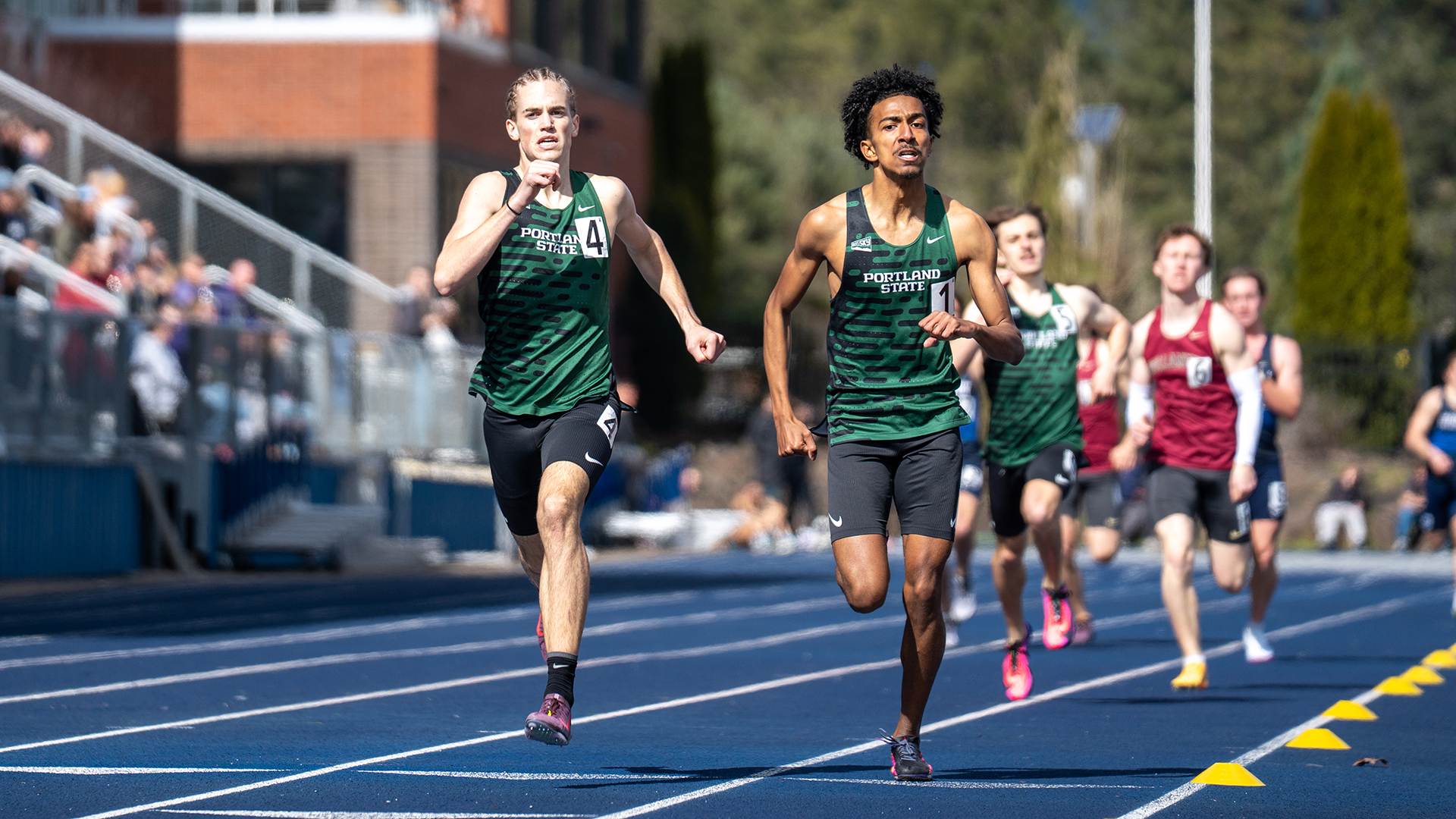 Portland State track & field runners Ari Smith and Amir Ahmed push to the finish line of the 800 meters at the Rich Allen Classic.