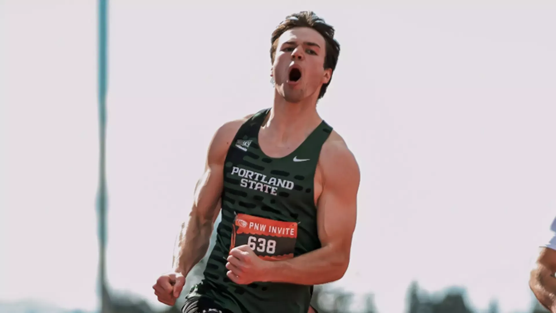 Portland State track & field runner Jack Macdonald celebrates his freshman record in the 100 meters at the PNW Invite.