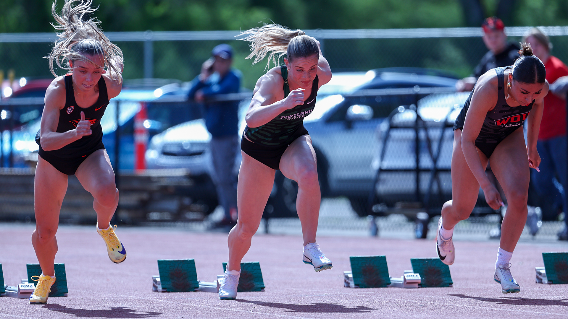Potland State track & field runner Tori Forst sprints out of the blocks in the 100 meters at the Willamette Invitational.
