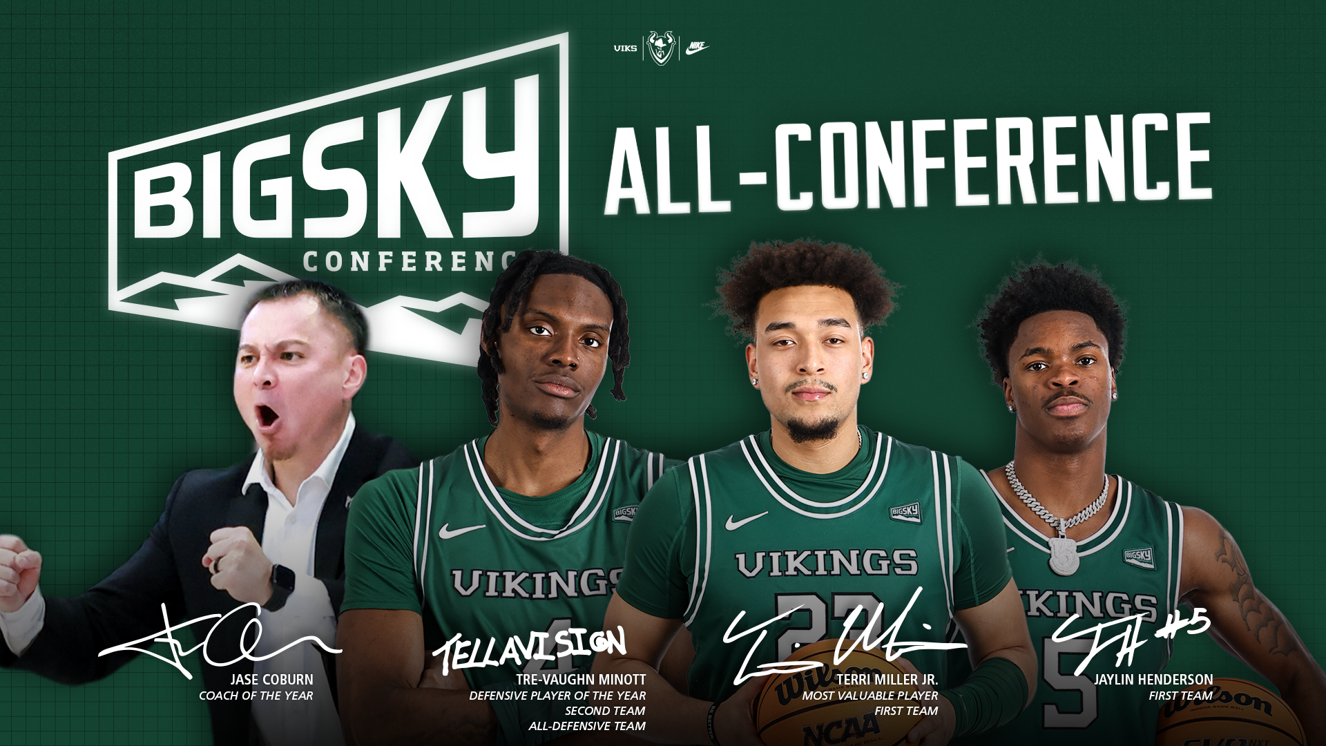 Big Sky Conference post-season awards winners Jase Coburn, Tre-Vaughn Minott, Terri Miller Jr. and Jaylin Henderson