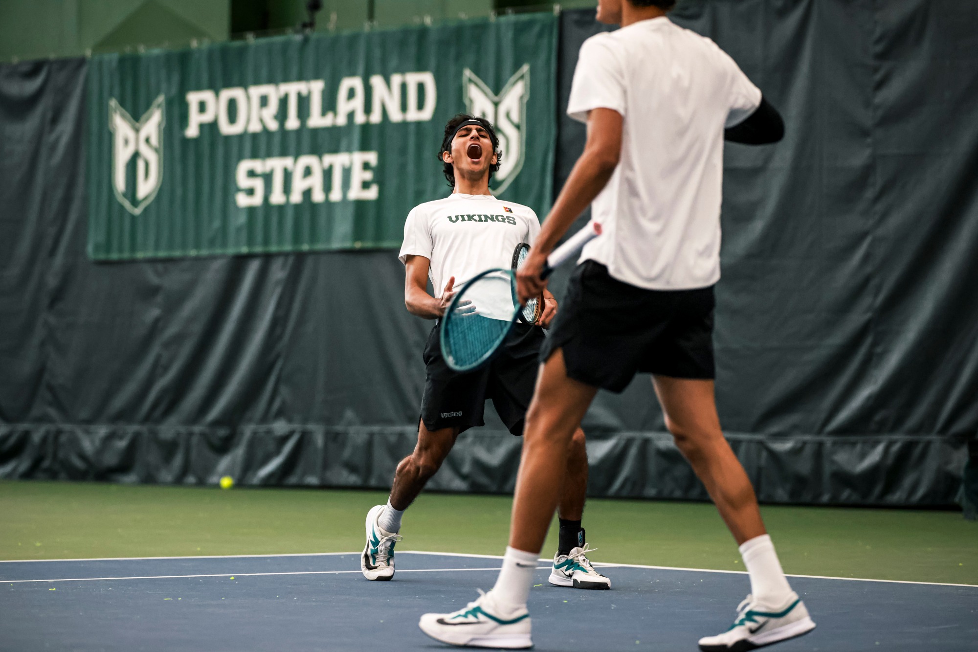 Aarjun Pandit celebrates during a match against the Idaho Vandals on April 5th, 2026.Portland State Mens Tennis vs Idaho : 04/05/2026Final: PSU: 06, UI: 01