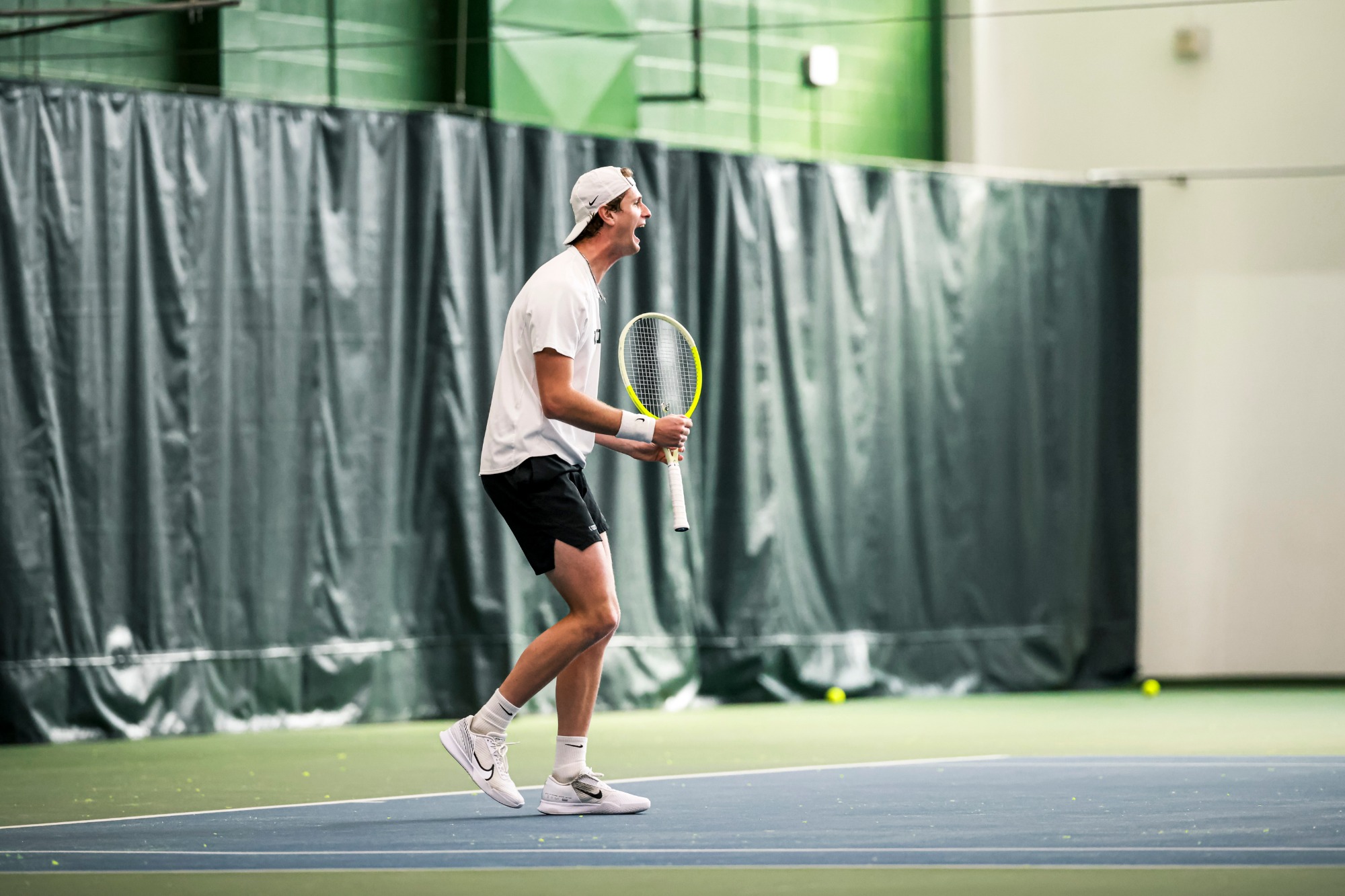 Luca Prino celebrates during a match against the Idaho Vandals on April 5th, 2026.Portland State Mens Tennis vs Idaho : 04/05/2026Final: PSU: 06, UI: 01