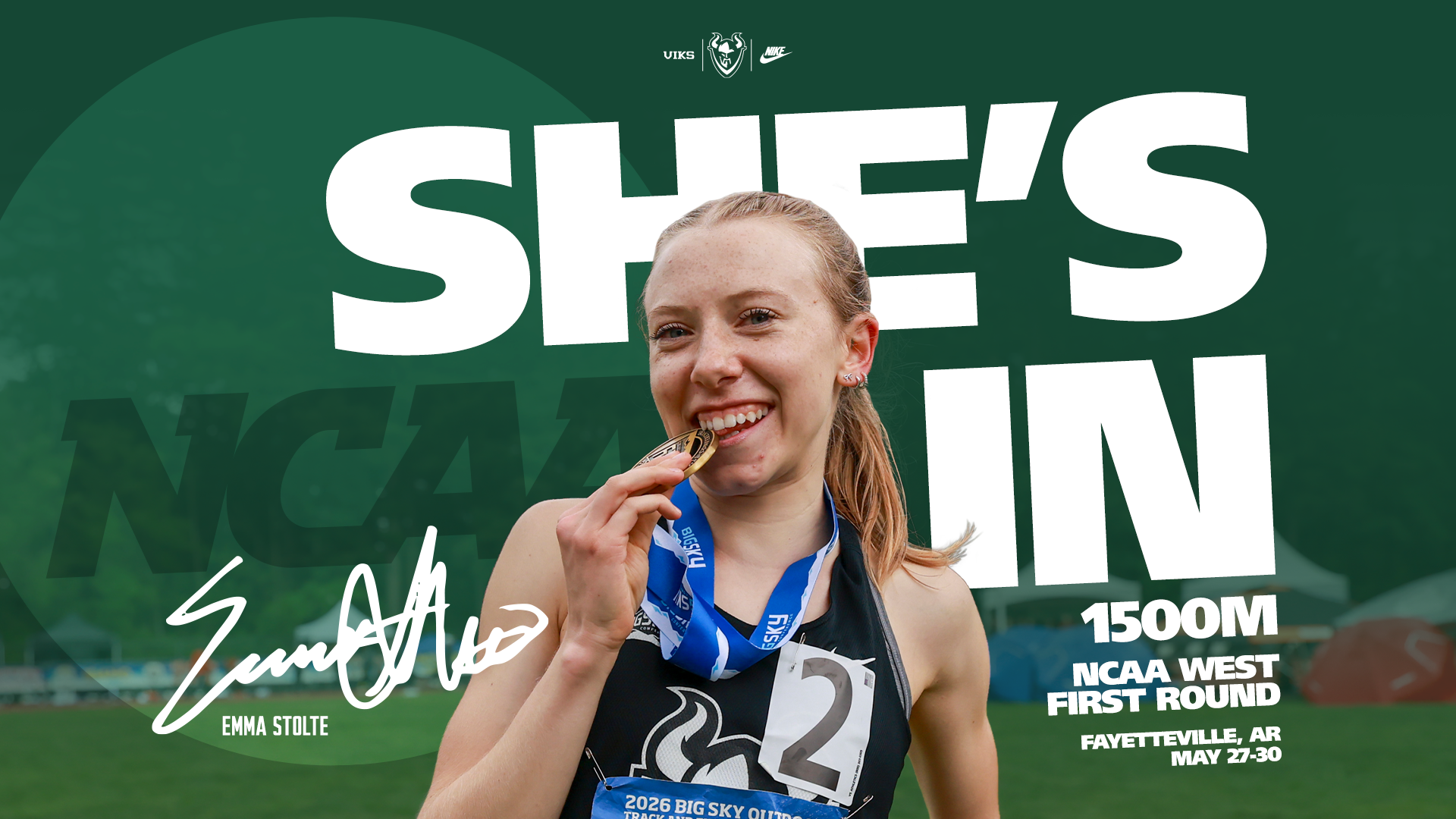 Graphic saying that Portland State track & field runner Emma Stolte has qualified for the NCAA West First Round in the 1,500 meters