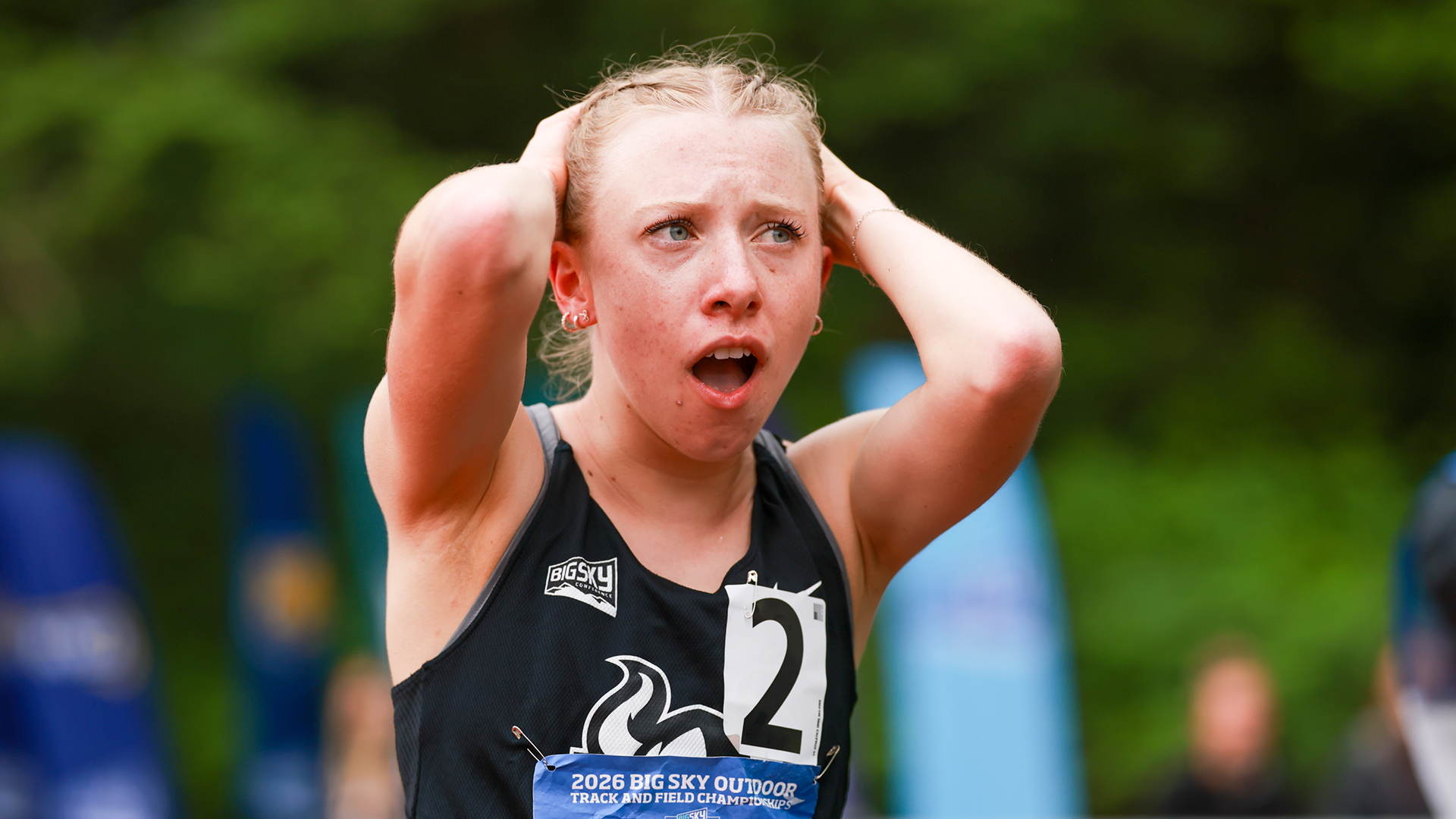 Portland State track & field runner Emma Stolte reacts in shock after winning the conference title in the 5k at the Big Sky Outdoor Championships.