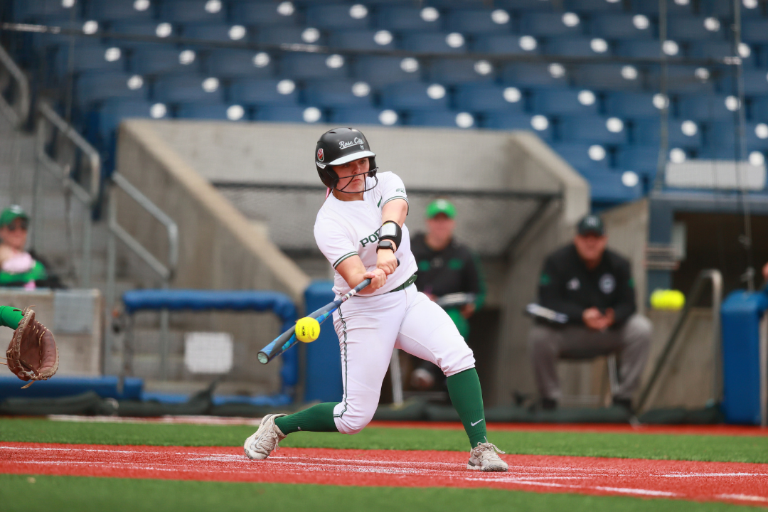 Allison Harris makes contact at the plate in a Portland State softball game.