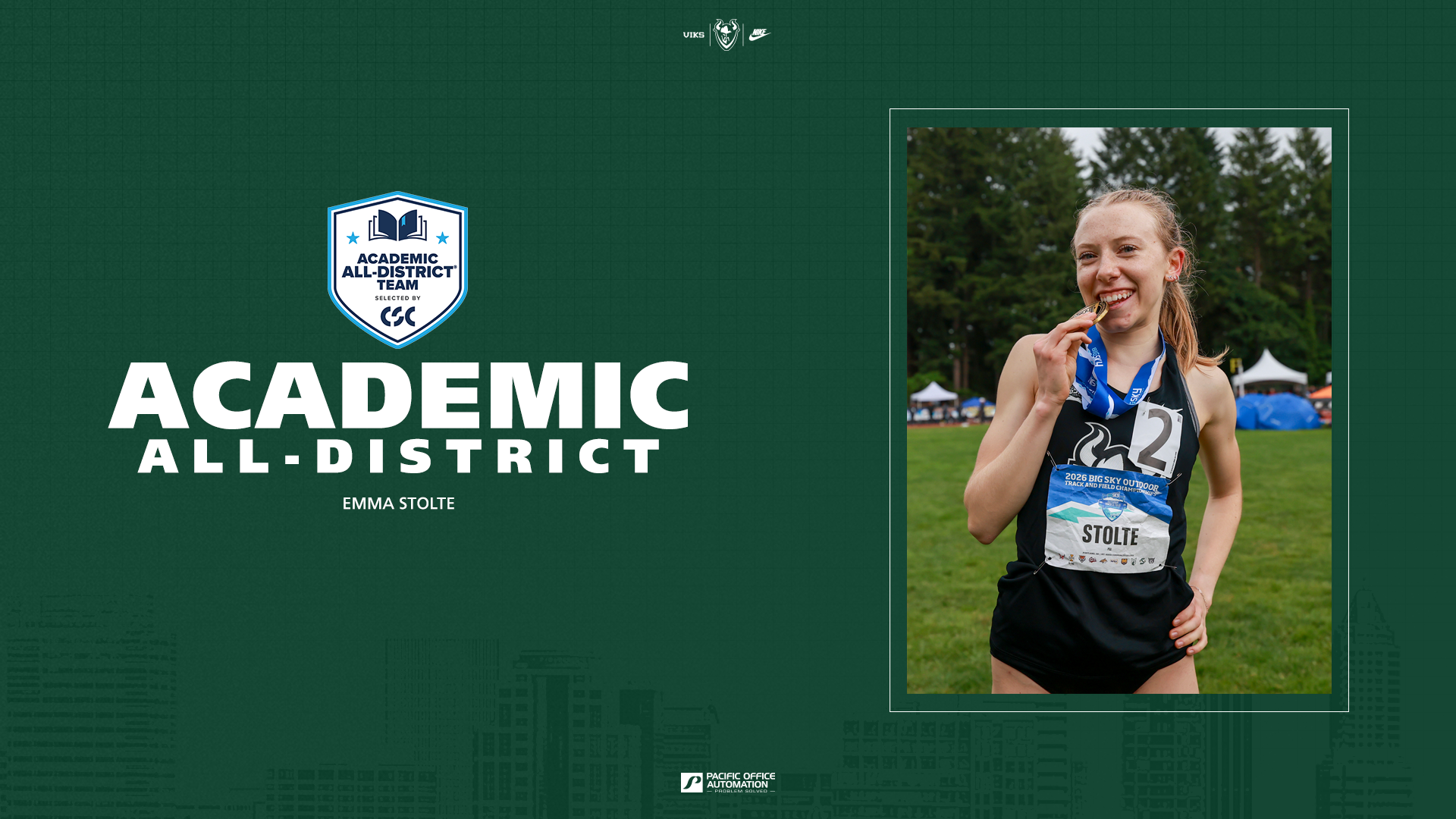 Graphic saying that Portland State cross country and track & field athlete Emma Stolte has been named to the College Sports Communicators Academic All-District Team