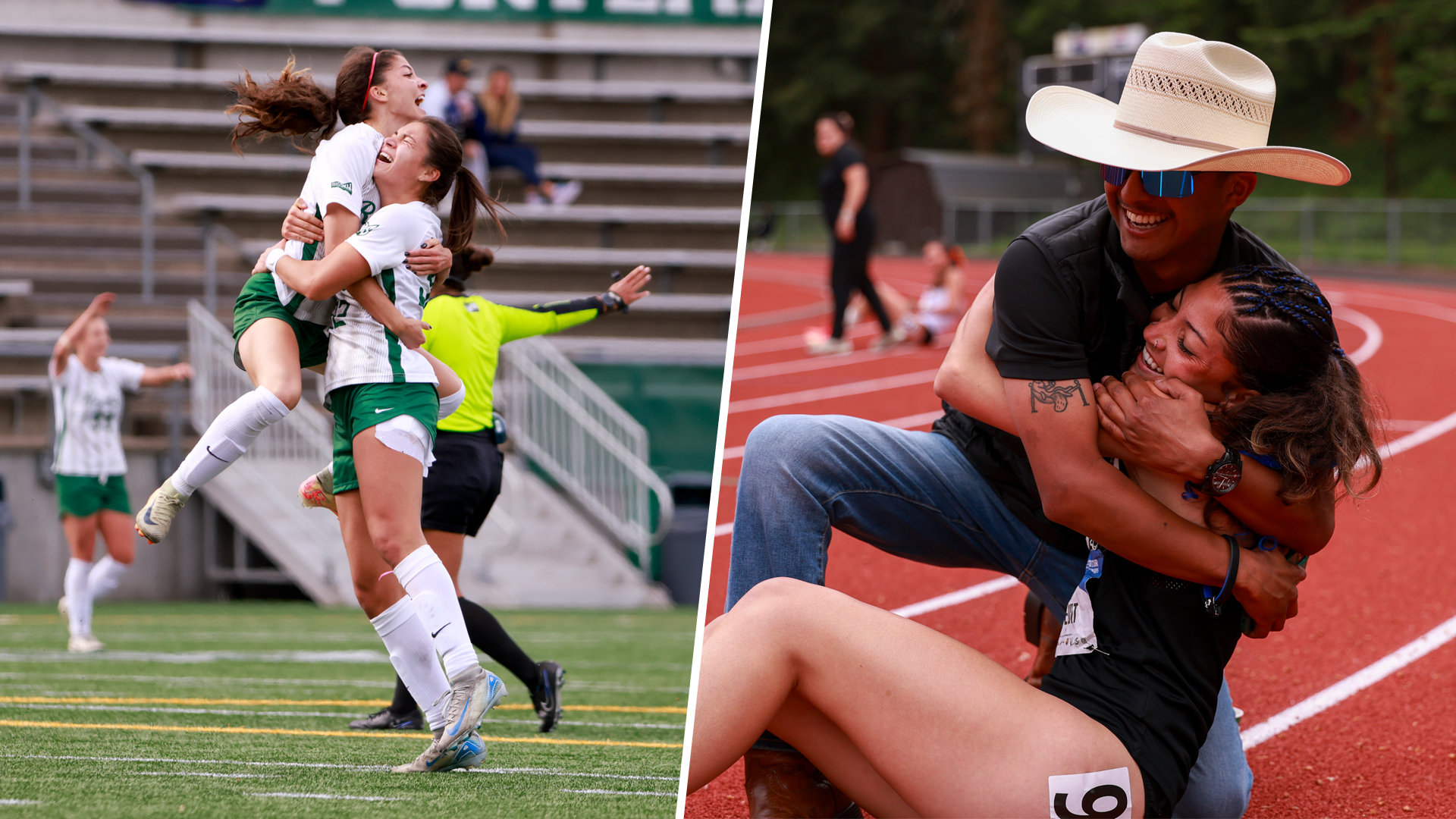 A split image showing Ocean Rideout celebrating a goal while playing for the Portland State women's soccer team on the left and celebrating her seventh-place finish in the heptathlon with Interim head track & field coach Nick Merillana on the right
