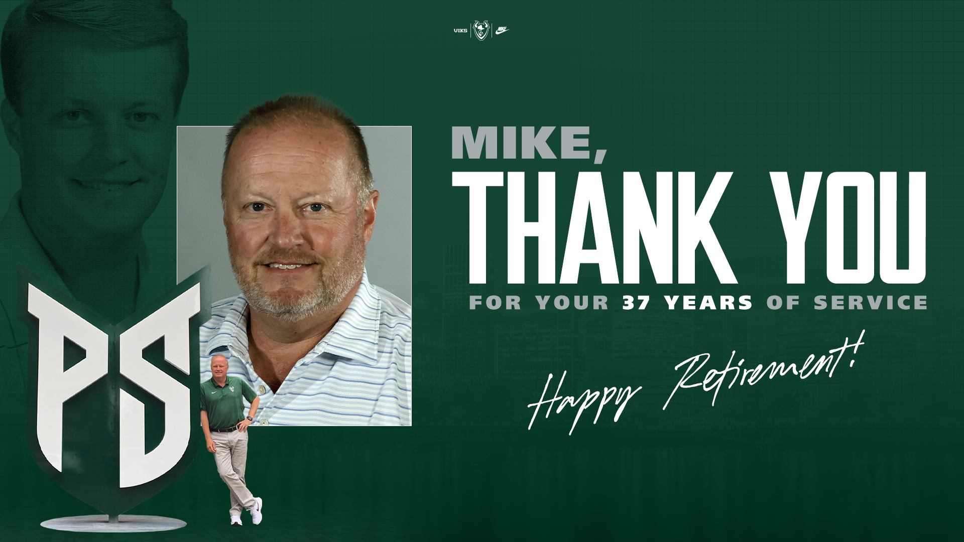 Graphic announcing that Mike Lund is retiring from Portland State Athletics after 37 years in the Sports Information Department.