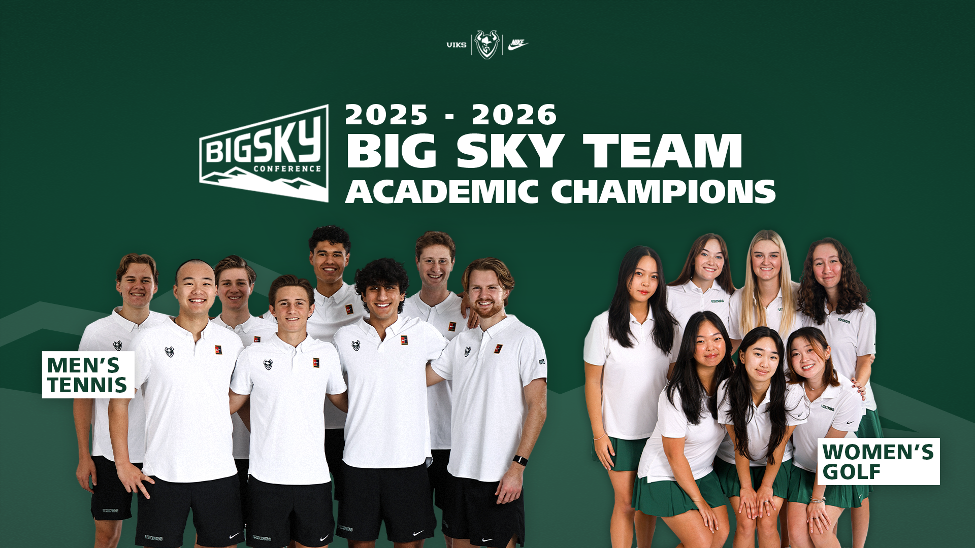 Graphic that says the Portland State men's tennis and women's golf programs won Academic Big Sky titles for the 2025-26 school year.