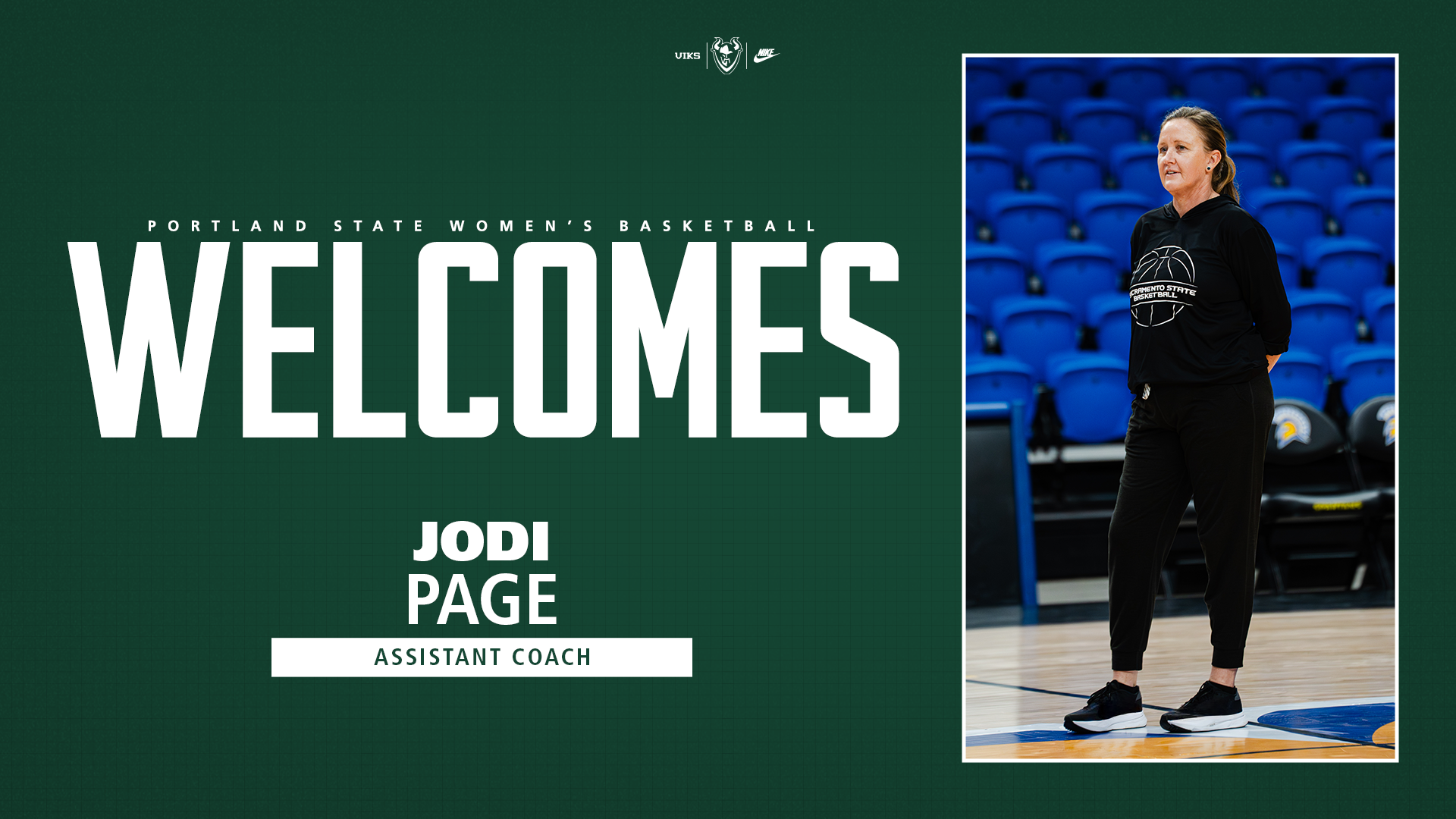 Graphic saying that Jodi Page has joined the Portland State women's basketball team as an assistant coach.
