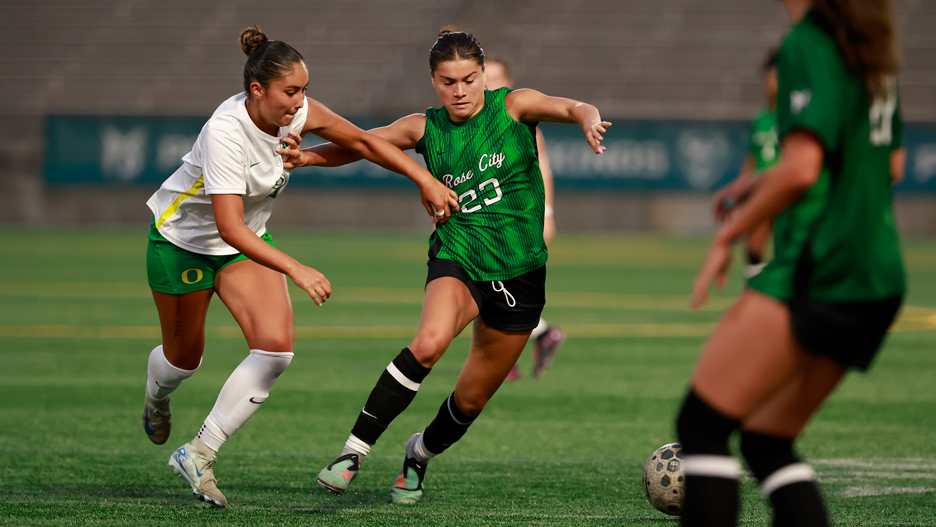 Aliayha Saldana fights for a ball in the Portland State women's soccer team's home match against Oregon.
