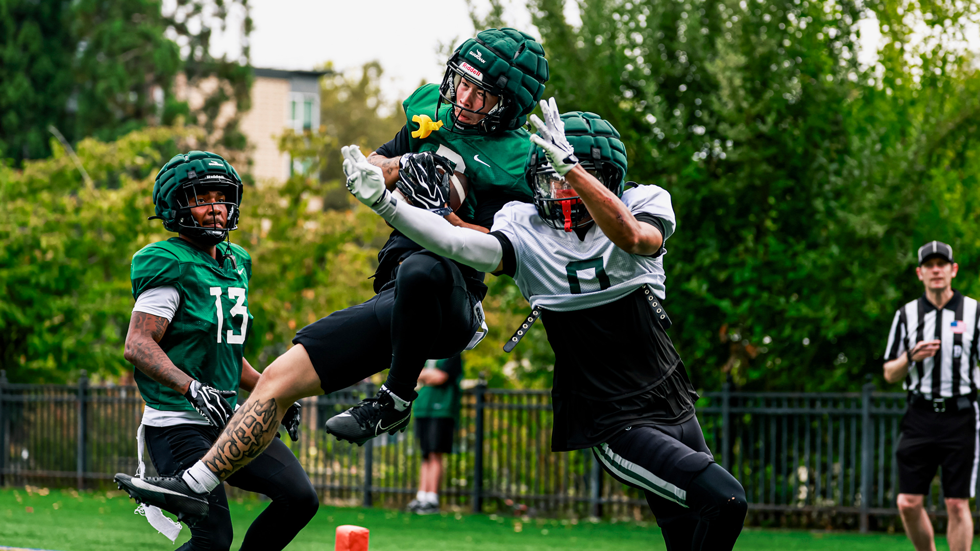 Portland State football player Terahiti Wolfe intercepts a ball in the end zone during the Vikings' second fall scrimmage of their 2026 season.