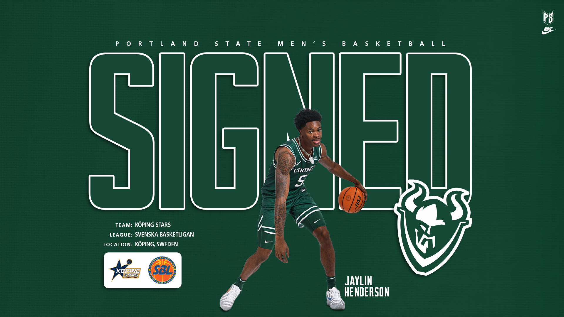 Graphic saying that former Portland State men's basketball player Jaylin Henderson signed with a professional basketball team in Sweden.