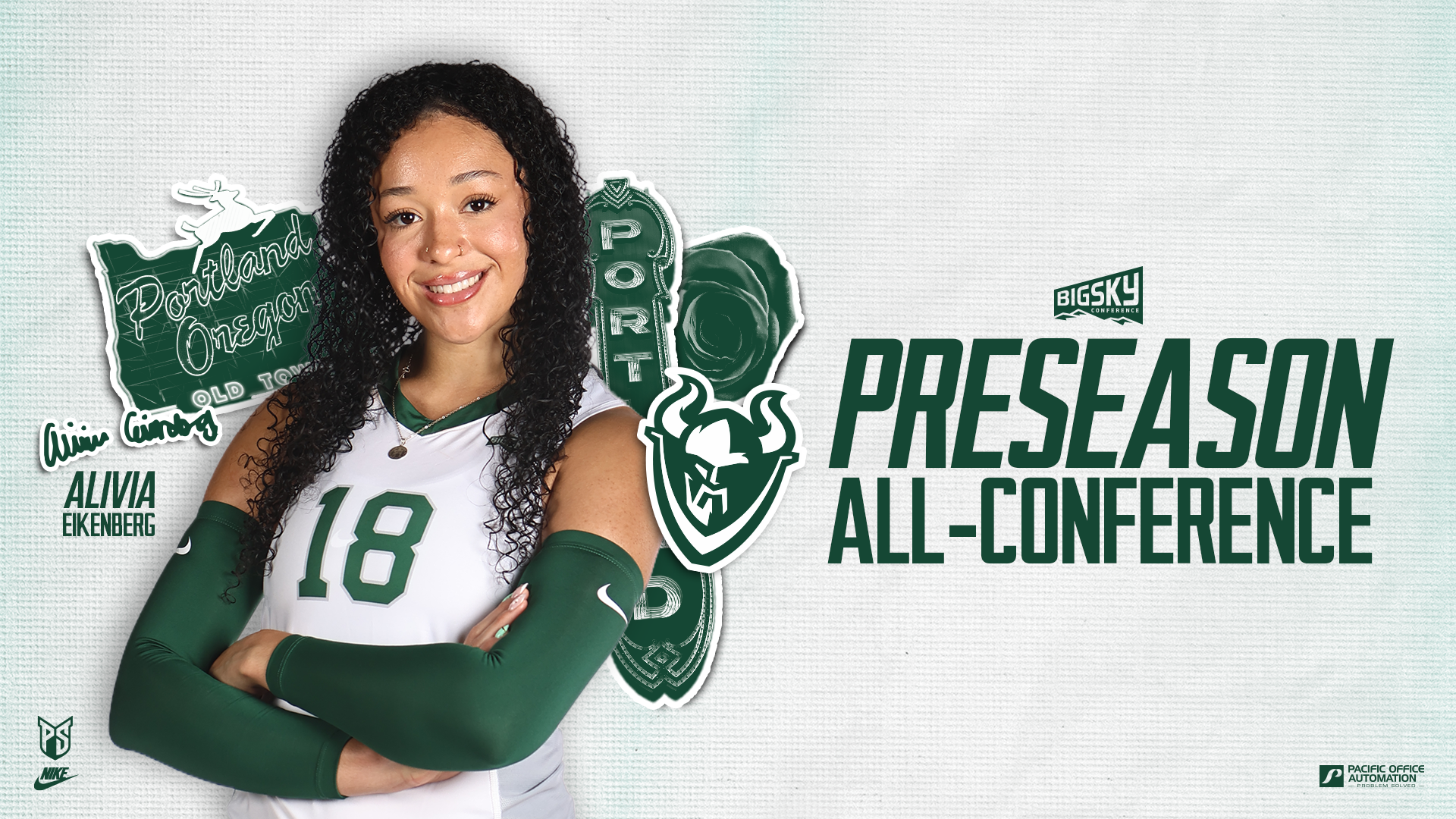 Graphic saying that Portland State volleyball player Alivia Eikenberg has been named to the preseason all-conference team.