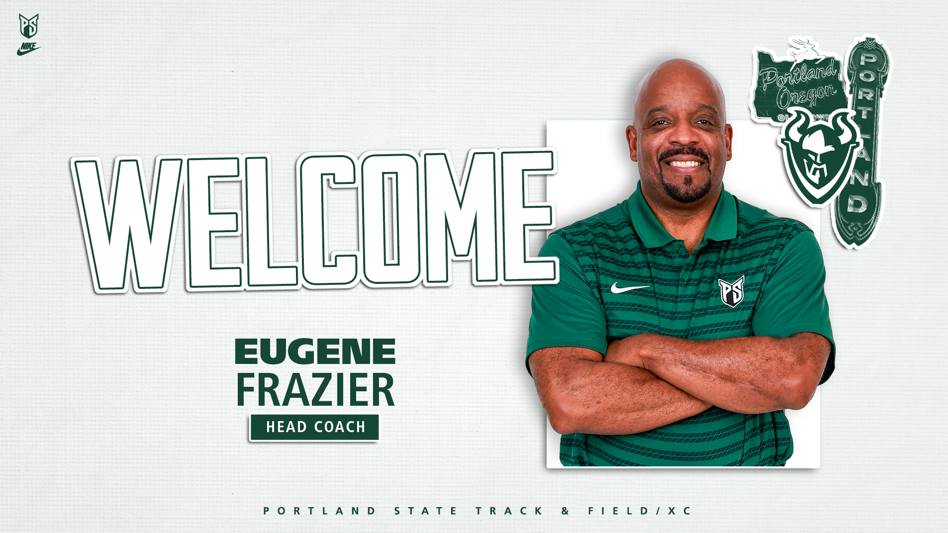 Graphic announcing that Eugene Frazier has been hired as head coach of the Portland State cross country and track & field programs.