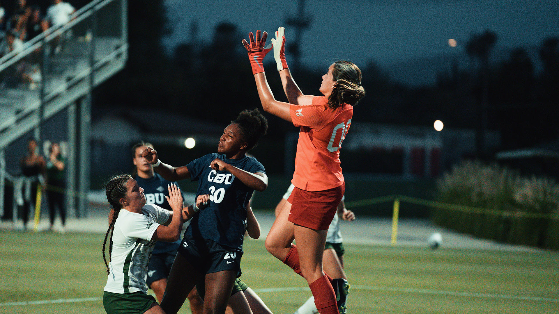 Portland State women's soccer player Finley Crabtree saves a ball during the Vikings' match at California Baptist
