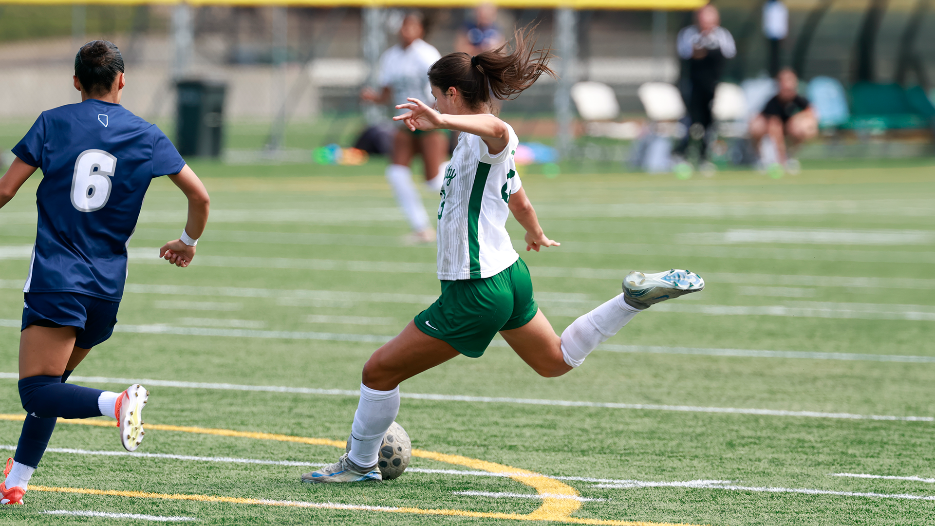 Portland State women's soccer player Aliayha Saldana sets up for a shot during the Vikings' match against Nevada.