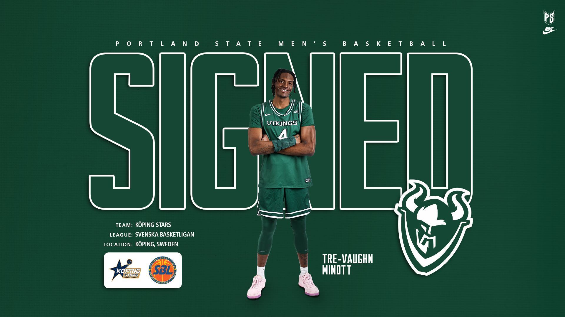 Graphic saying that former Portland State men's basketball player Tre-Vaughn Minott has signed a professional contract for the for Köping Stars in Sweden.