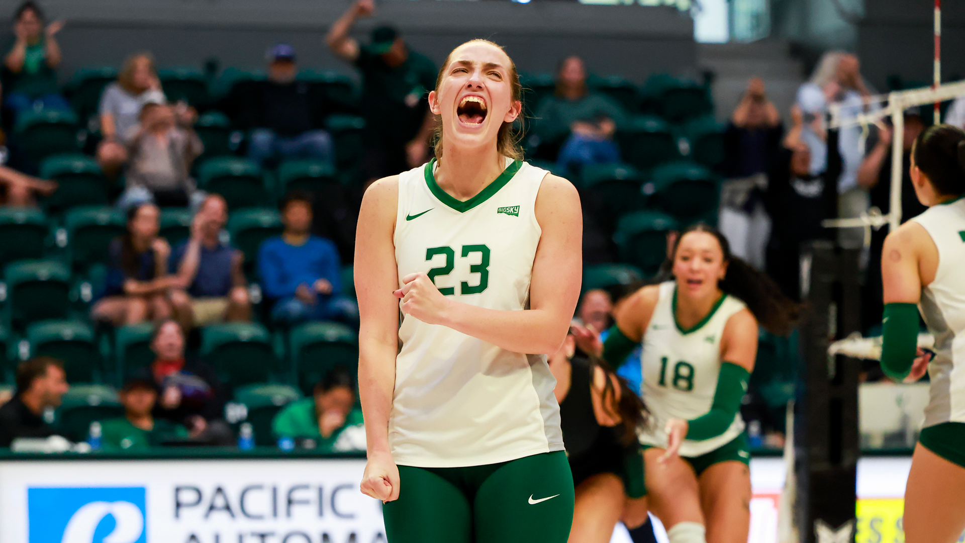 Portland State volleyball player Ava Blascziek celebrates the Vikings' win over Nevada