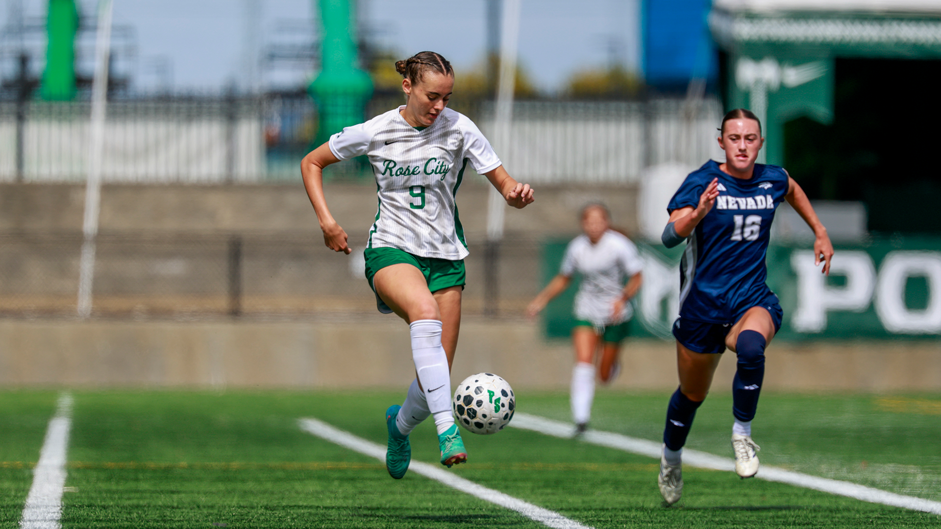 Portland State women's soccer player Amelia Sitton dribbles a ball up the field during the Vikings' match against Nevada.
